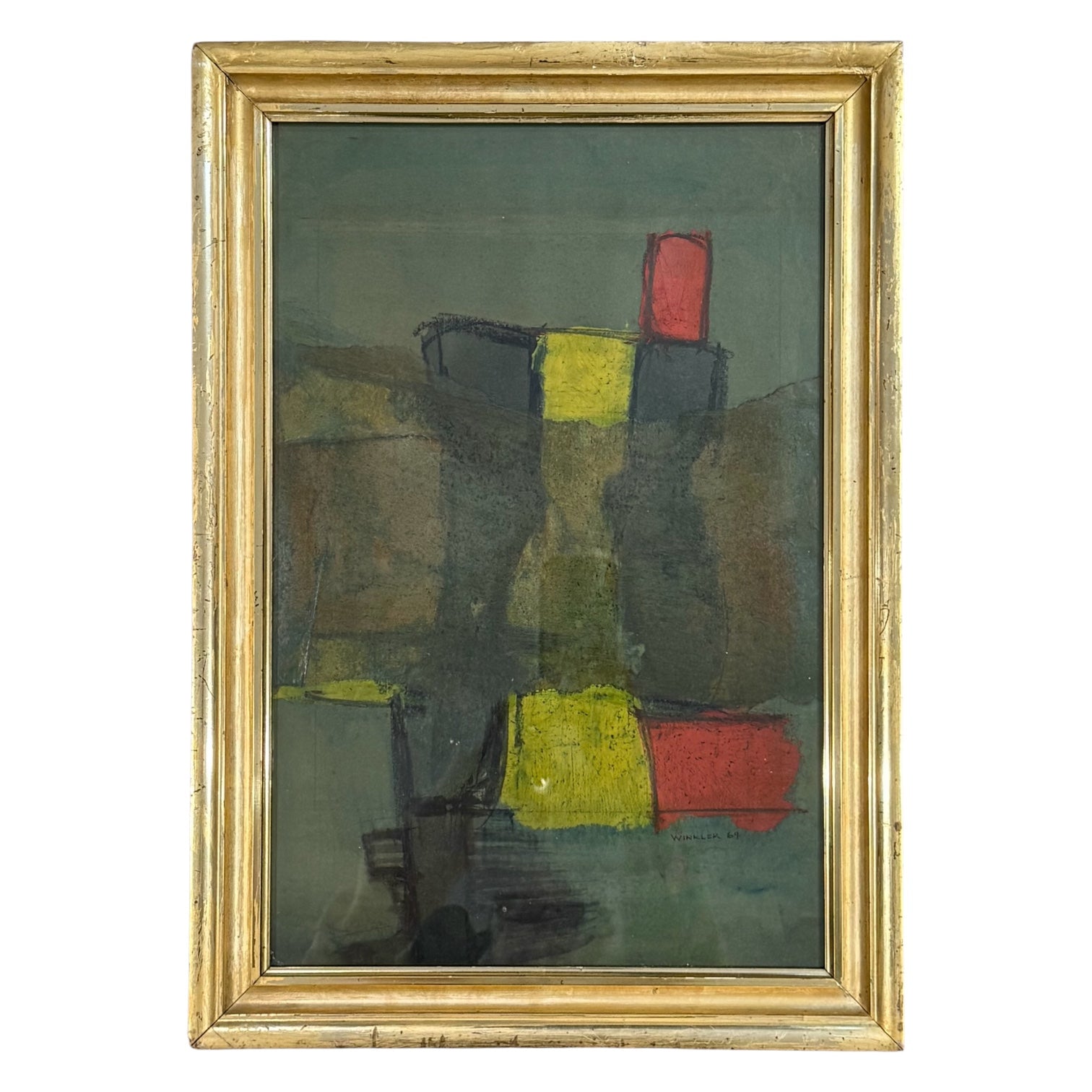1969 Minimalist Cubist Oil Painting in 19th Century Gilt Frame
