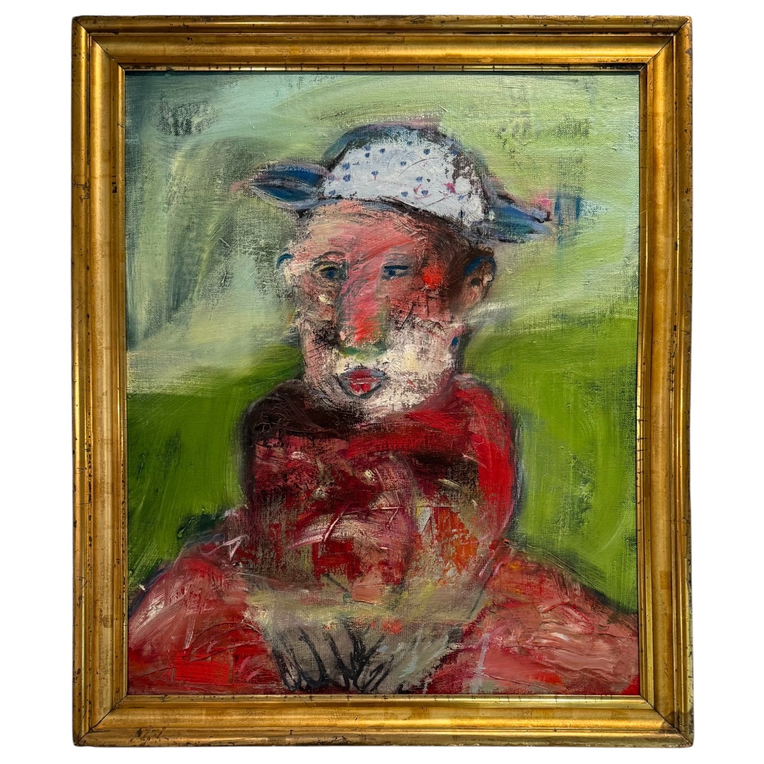 1989 Fantastical Oil Portrait of Man in Hat in 19th Century Gilt Frame