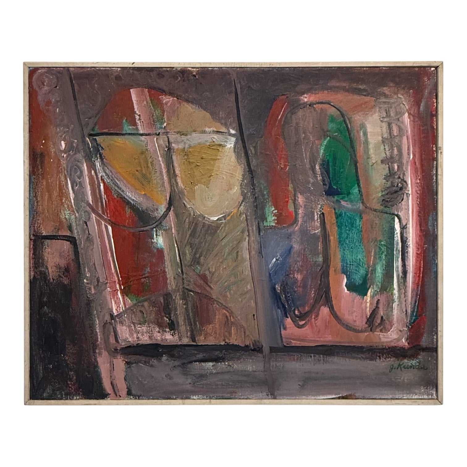 Abstract Expressionist Painting in Original White Lathe Frame