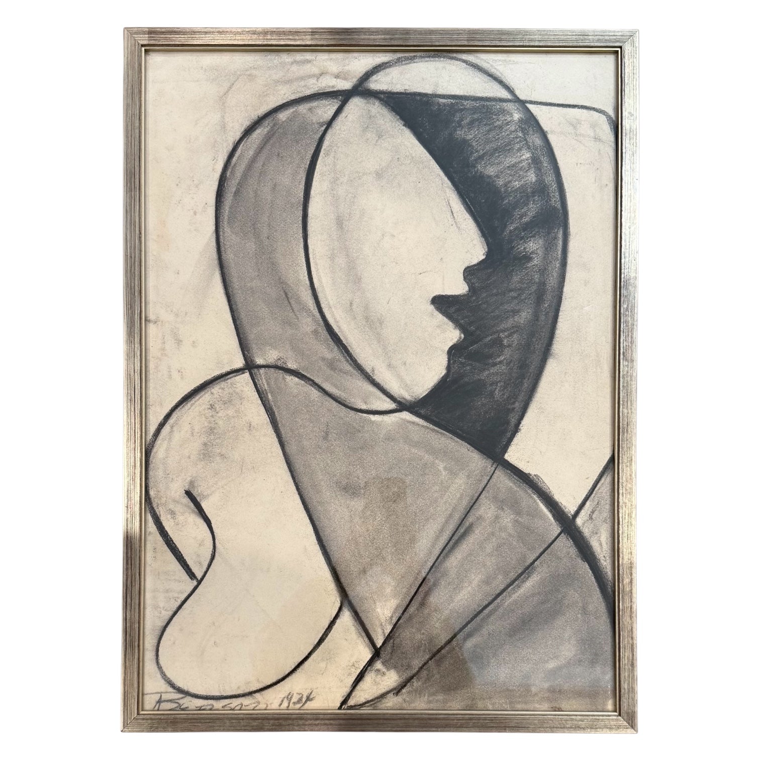 1934 Minimalist Charcoal Portrait in Custom Silver Frame
