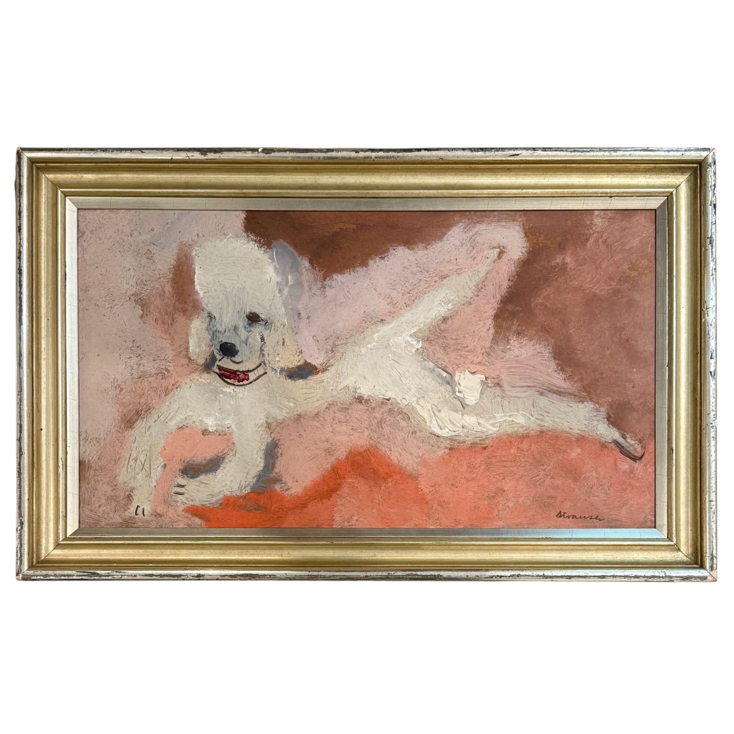 Oil Painting of Poodle in Interior in 19th Century Gilt Frame