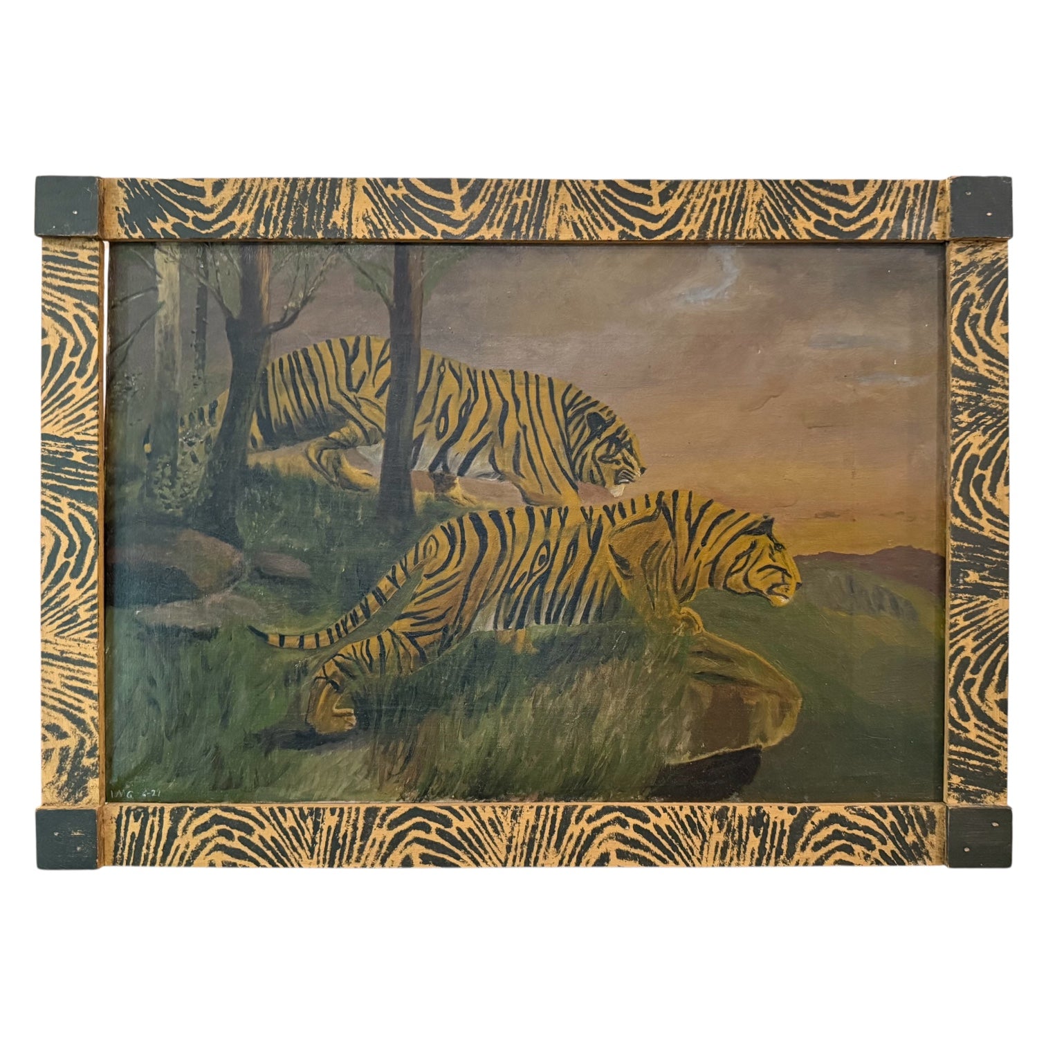1921 Oil Painting of Tigers in Naturescape in Vintage Handmade Frame