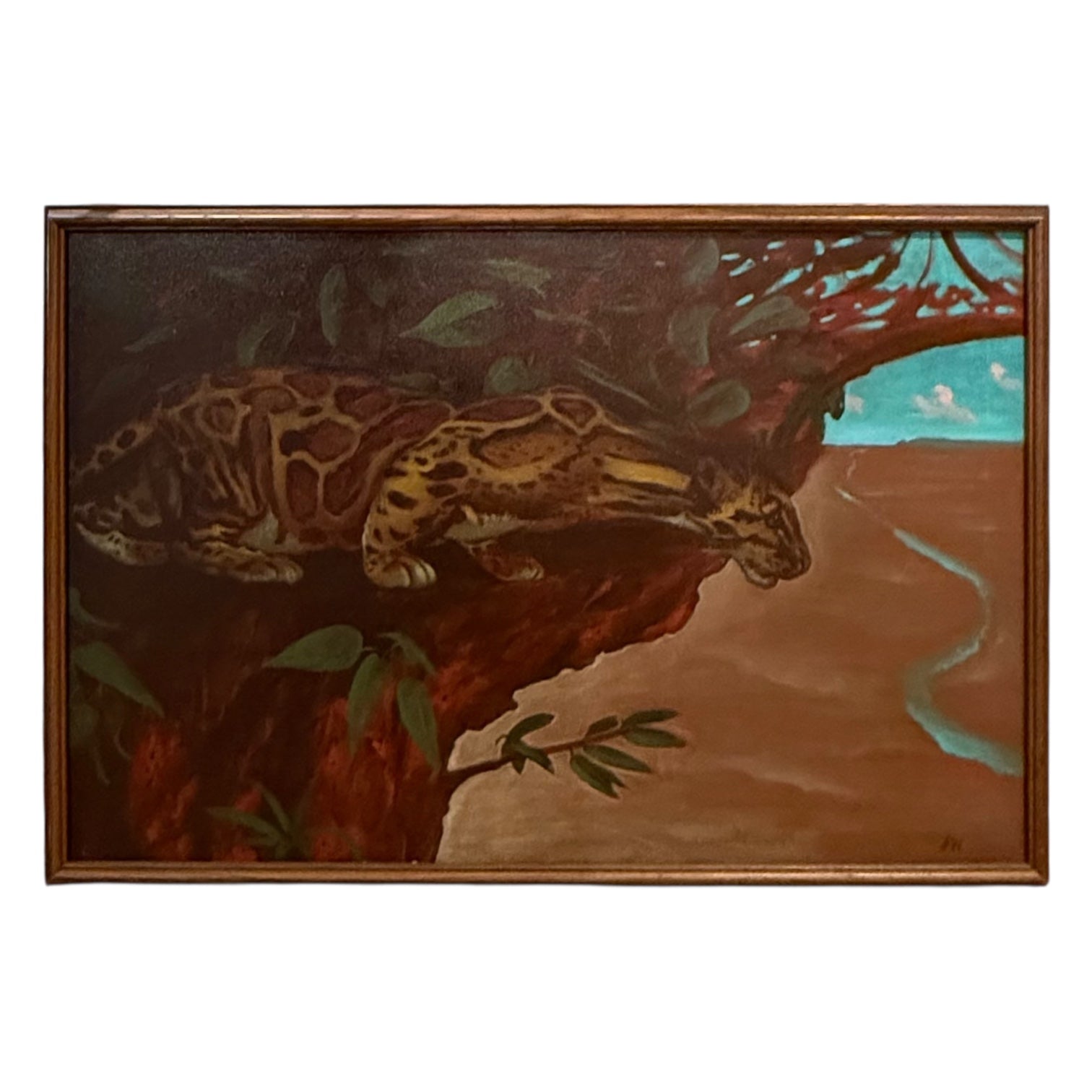Oil Painting of Crouching Leopard in Naturescape in Original Wood Frame