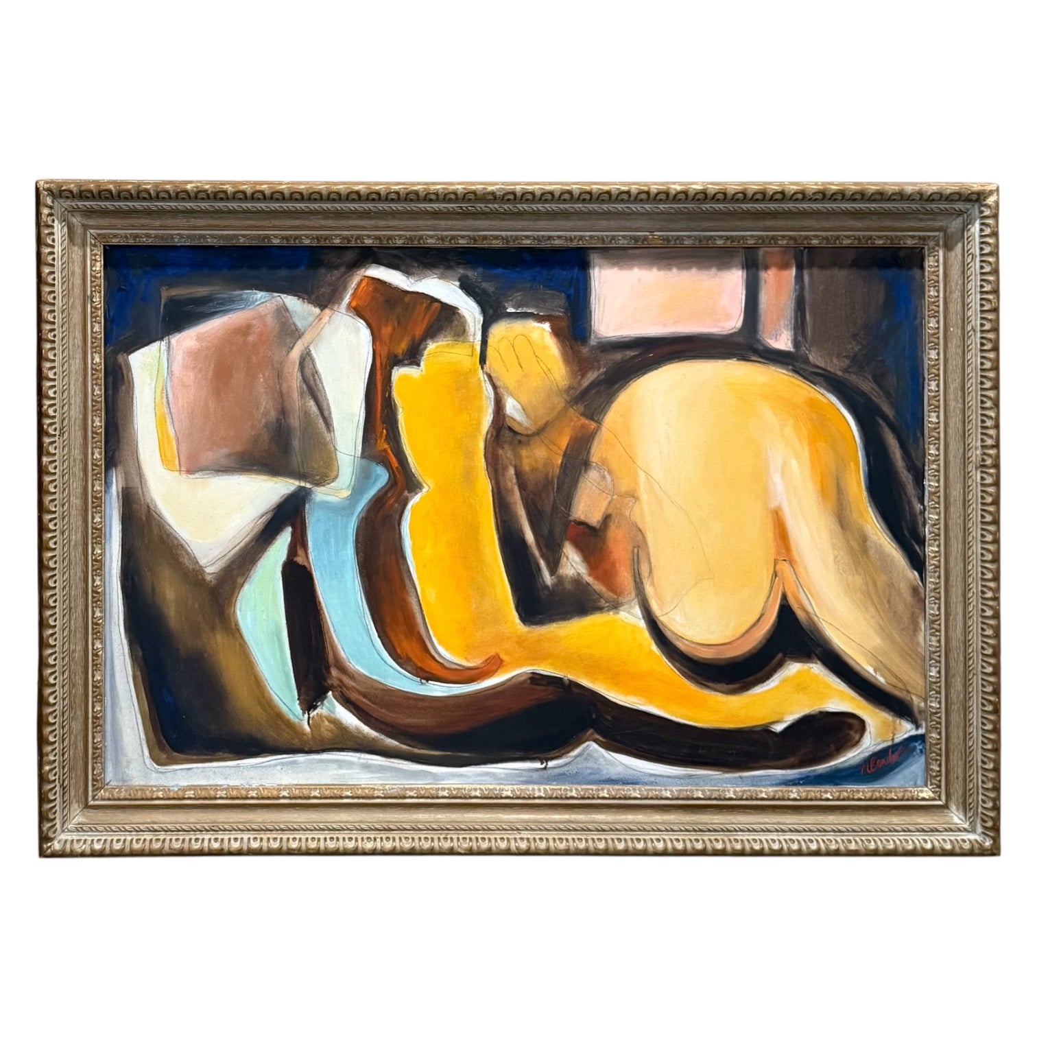 1990 Oil Painting of Reclining Figure in Vintage Frame