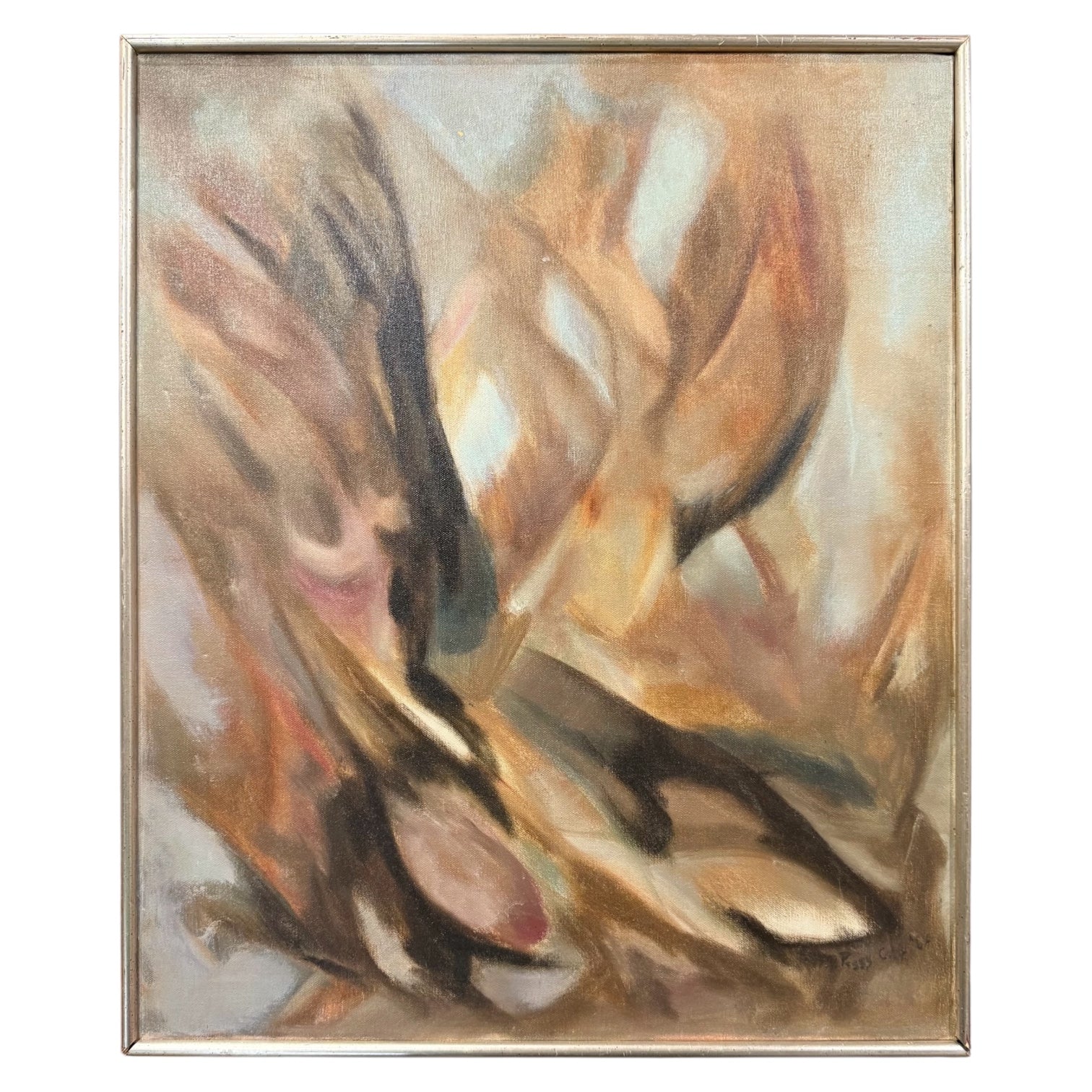 1962 Energetic Oil Painting in Neutral Palette in Original Vintage Frame