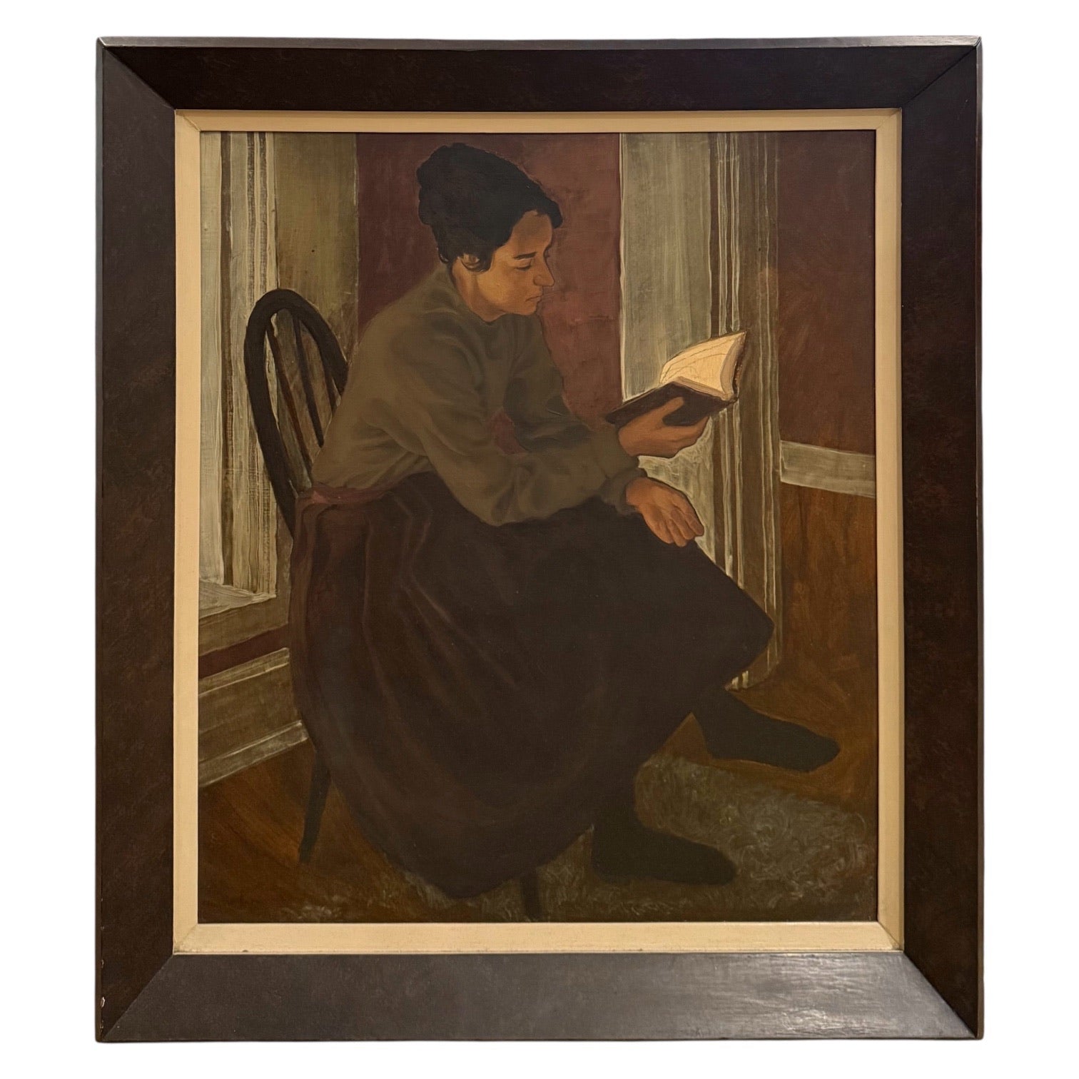 1957 Oil Painting of a Woman Reading in Original Vintage Solid Wood Frame