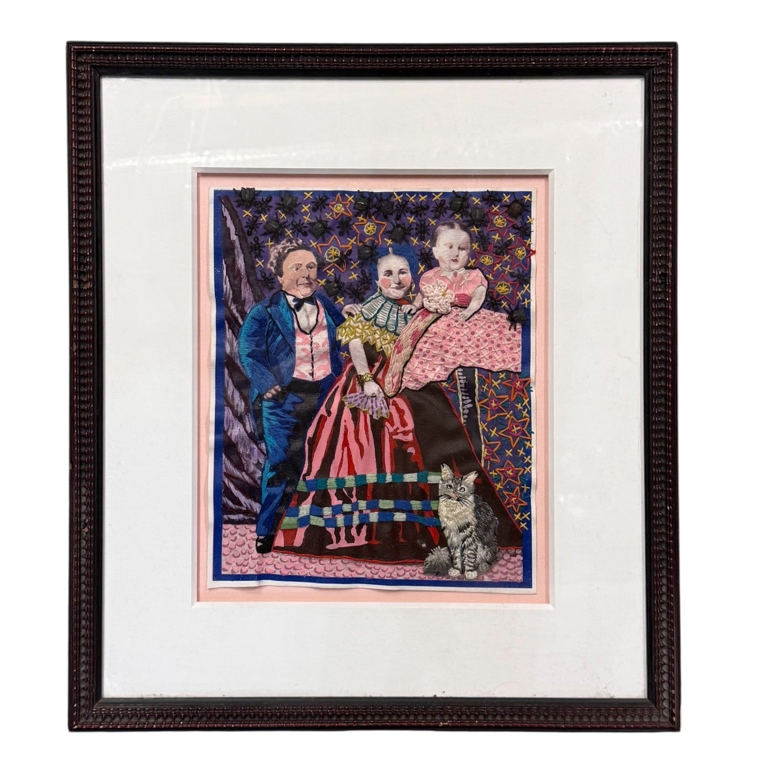 Colorful Mixed Media Painting with Embroidered Embellishment in Original Frame