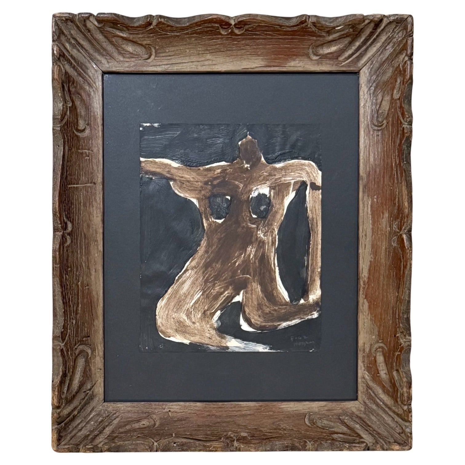 1962 Figurative Oil Painting in Vintage Hand-Carved Frame