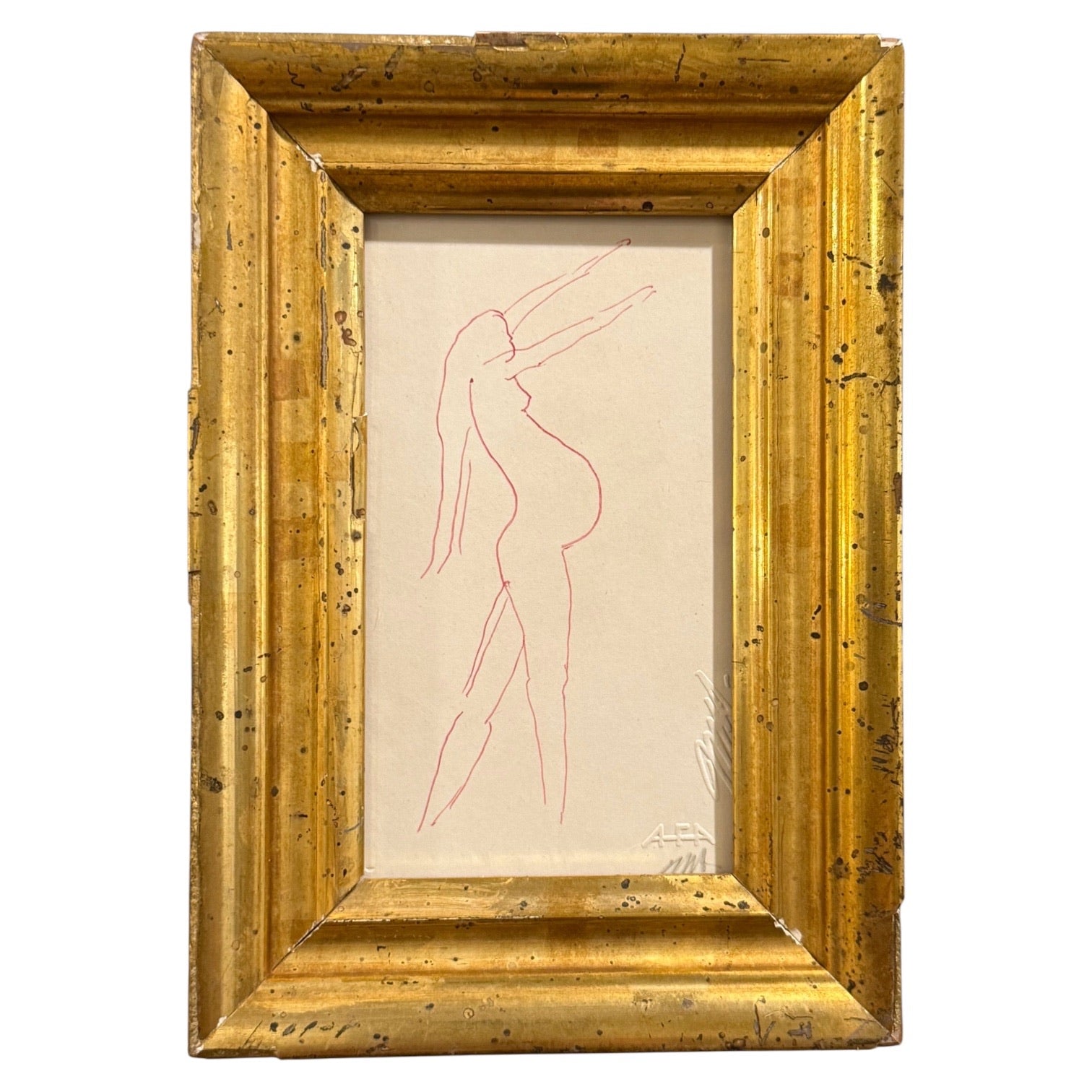 1981 Ink Drawing of Female Figure in 19th Century Gilt Frame