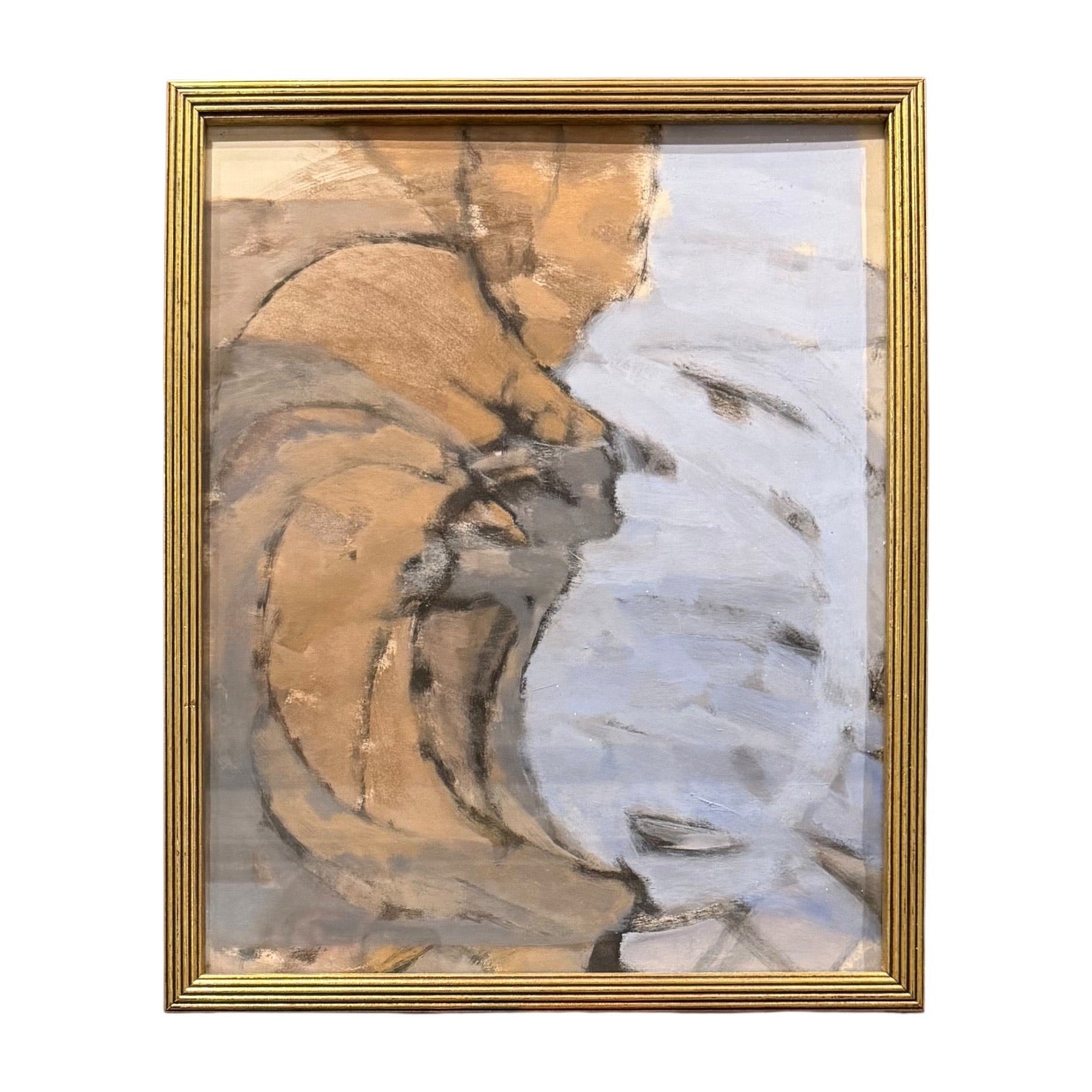 Abstract Painting in Peach and Blue in Original Vintage Frame