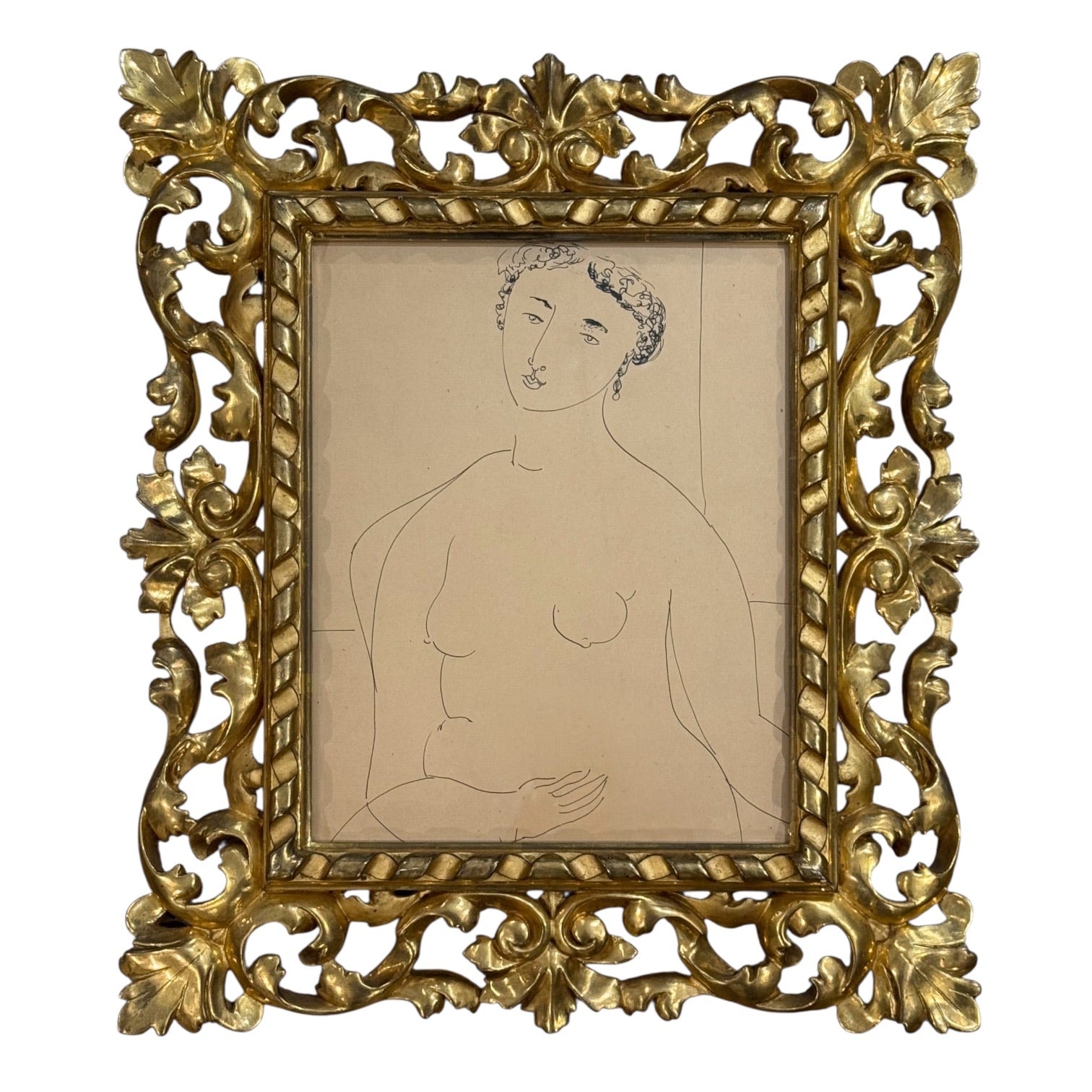 Delicate Figurative Ink Drawing in Ornate Hand-Carved 19th Century Gilt Frame