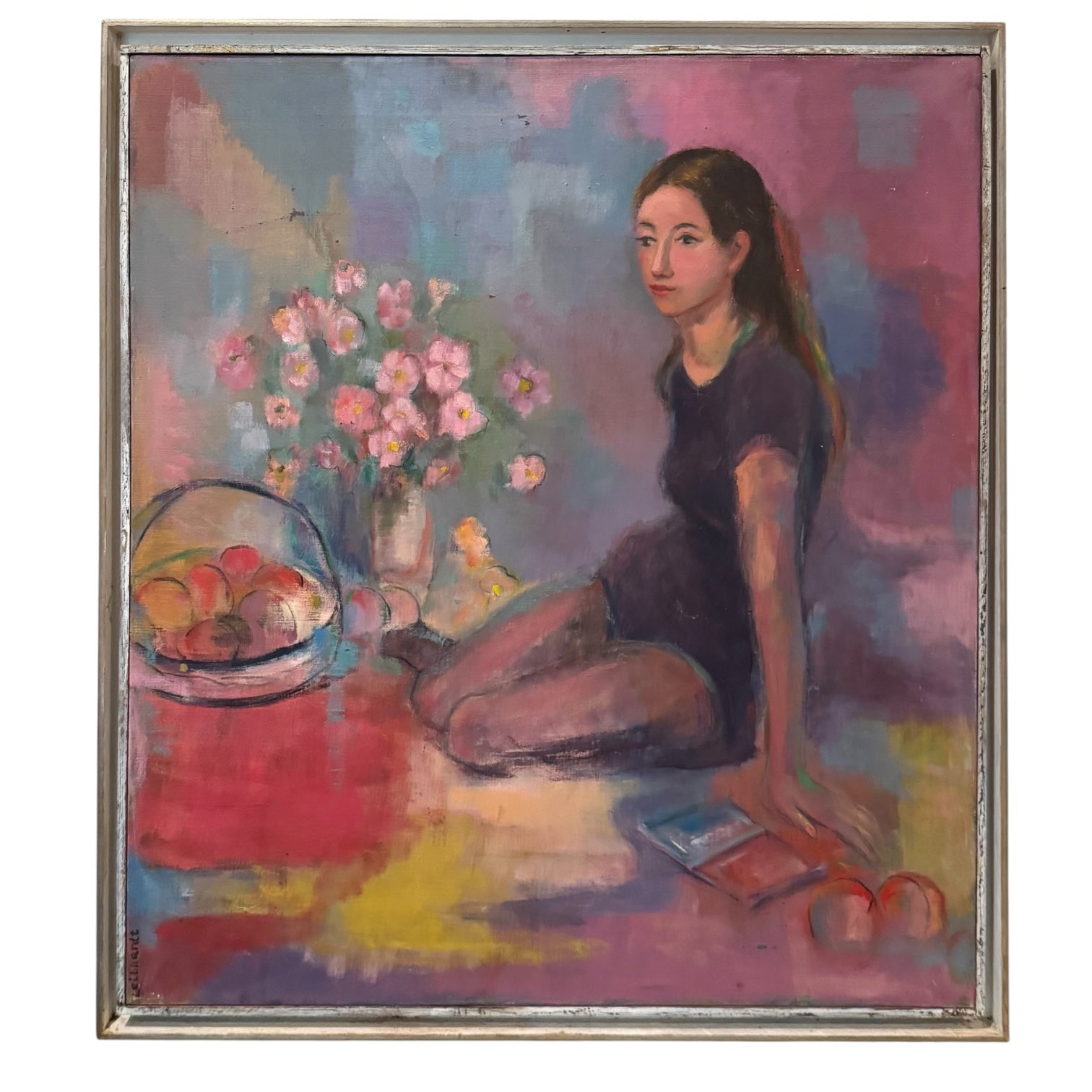 Colorful Portrait of Seated Gurl with Flowers in Original Frame