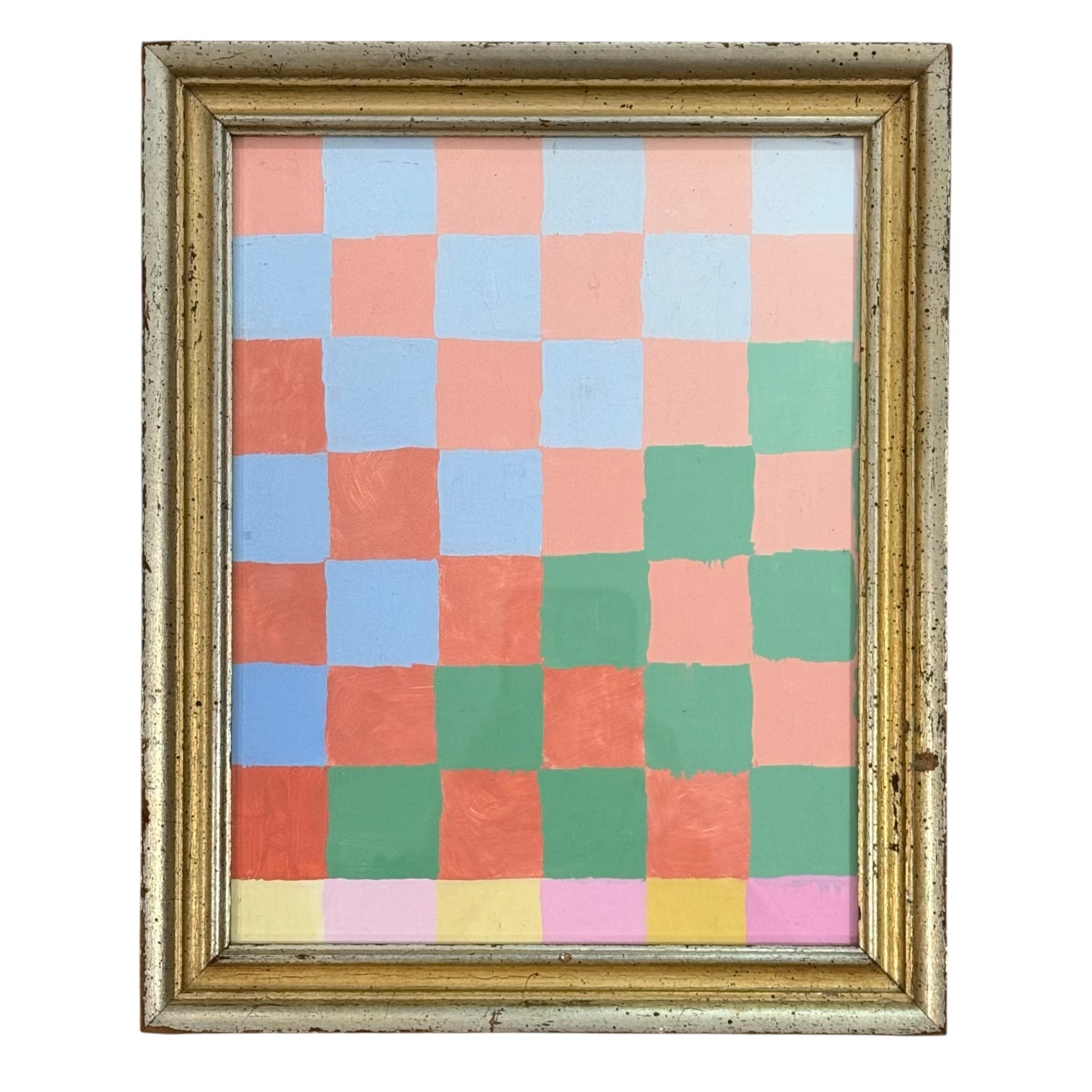 Checkerboard Painting in Pale Blue Peach Green in 19th Century Gilt Frame / WC-07