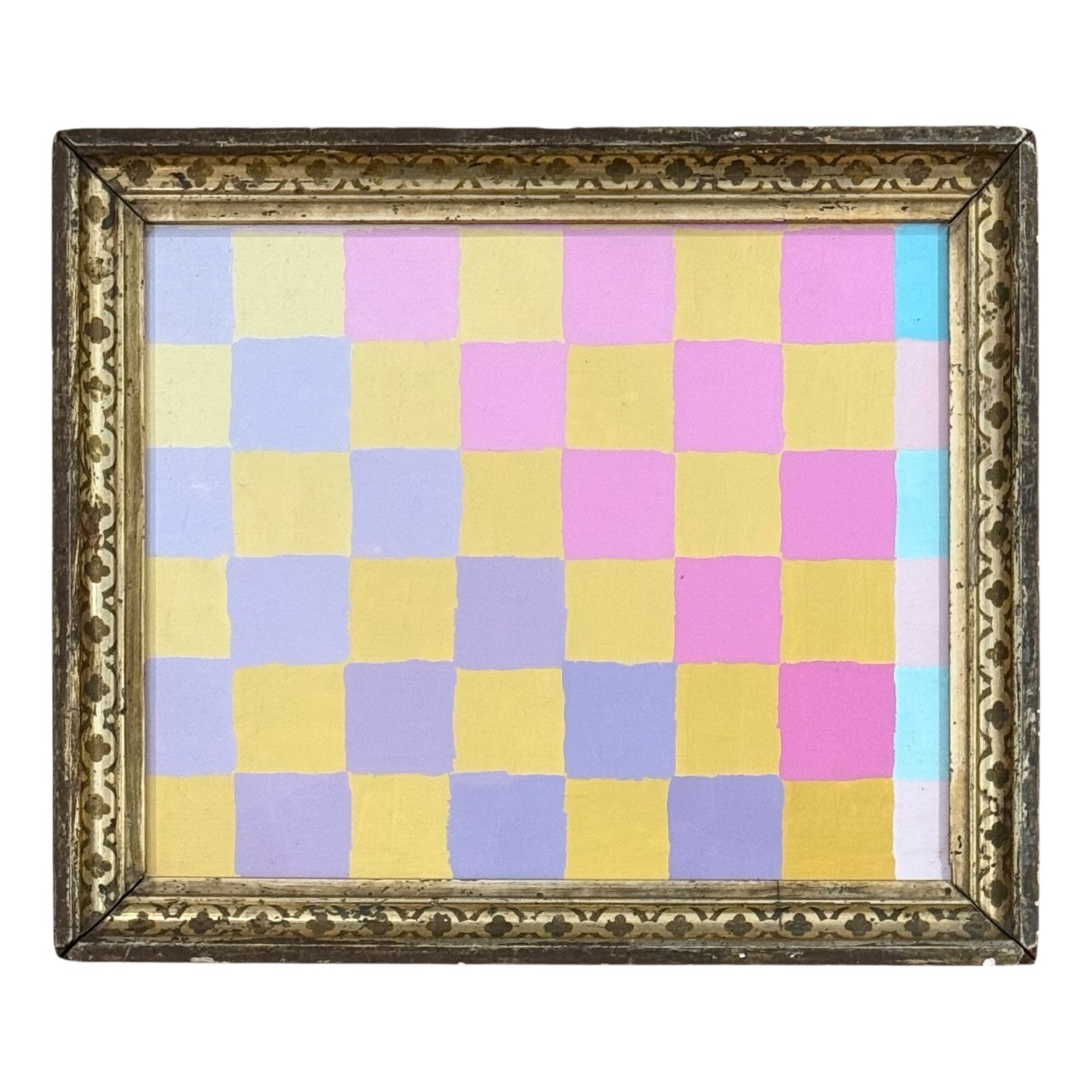 Checkerboard Painting in Pink Yellow and Lilac in 19th Century Stencil Gilt Frame / WC-06
