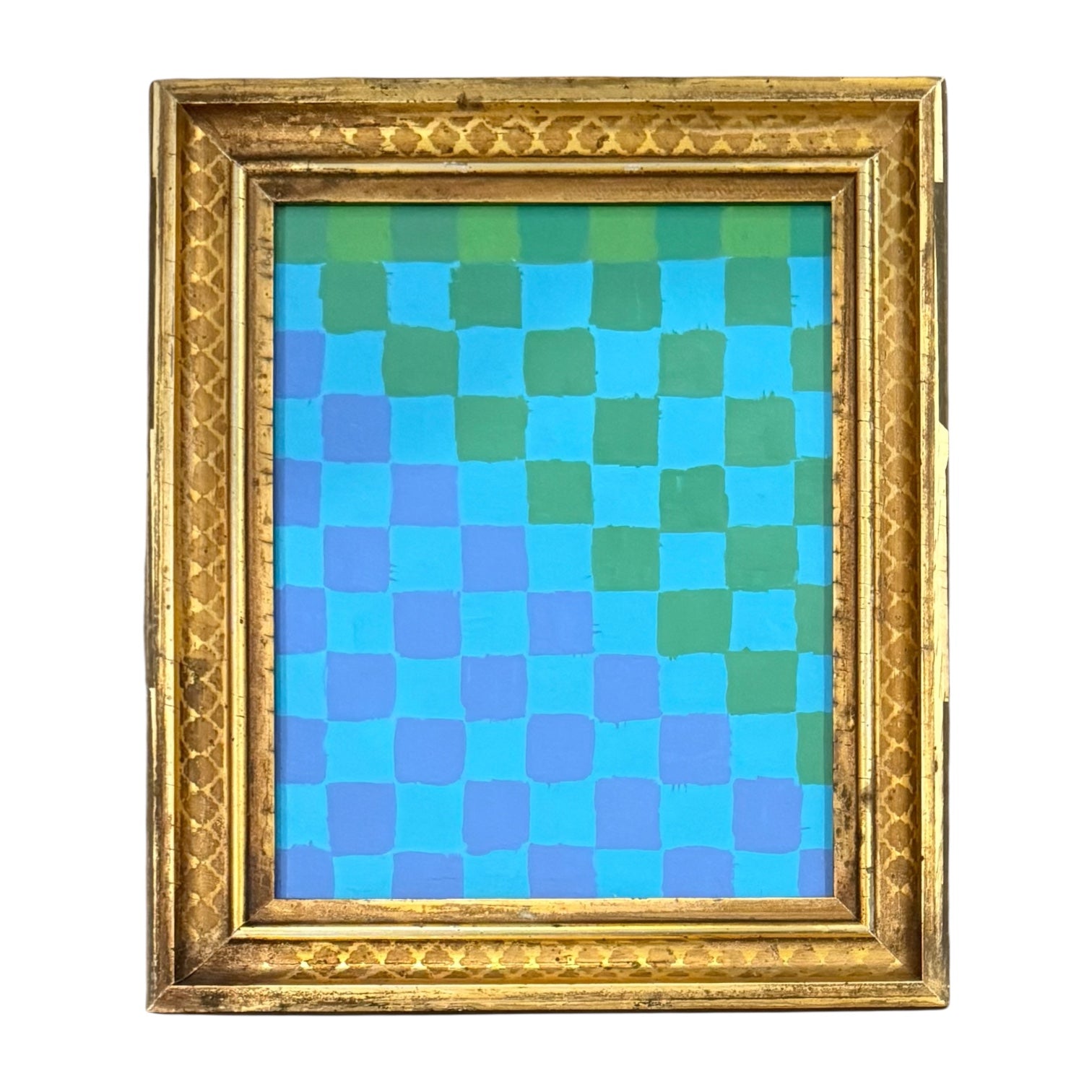 Checkerboard Painting in Blues and Greens in 19th Century Stencil Gilt Frame / WC-05
