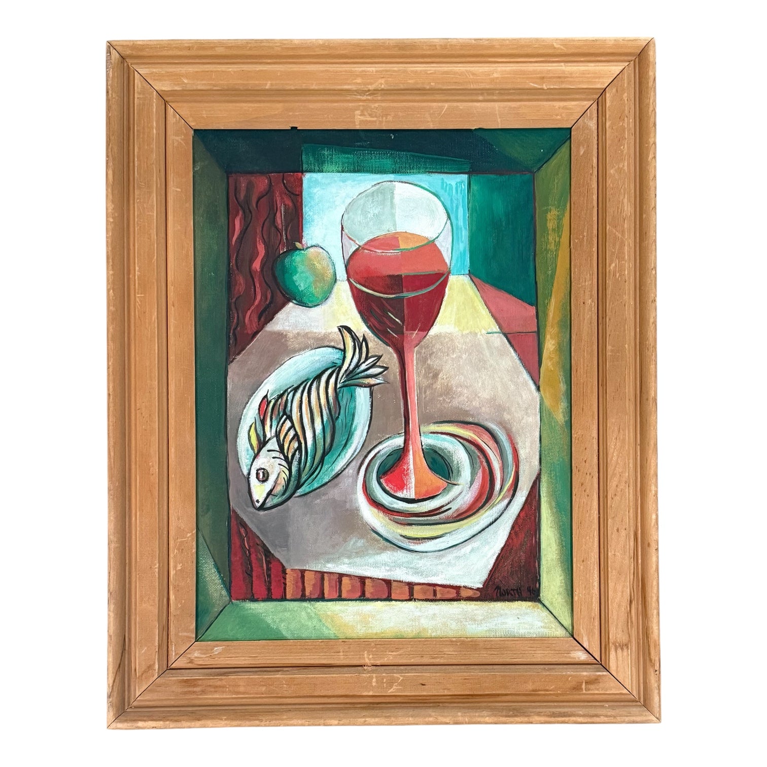 Cubist Still LIfe with Wine Glass in Vintage Wood Frame