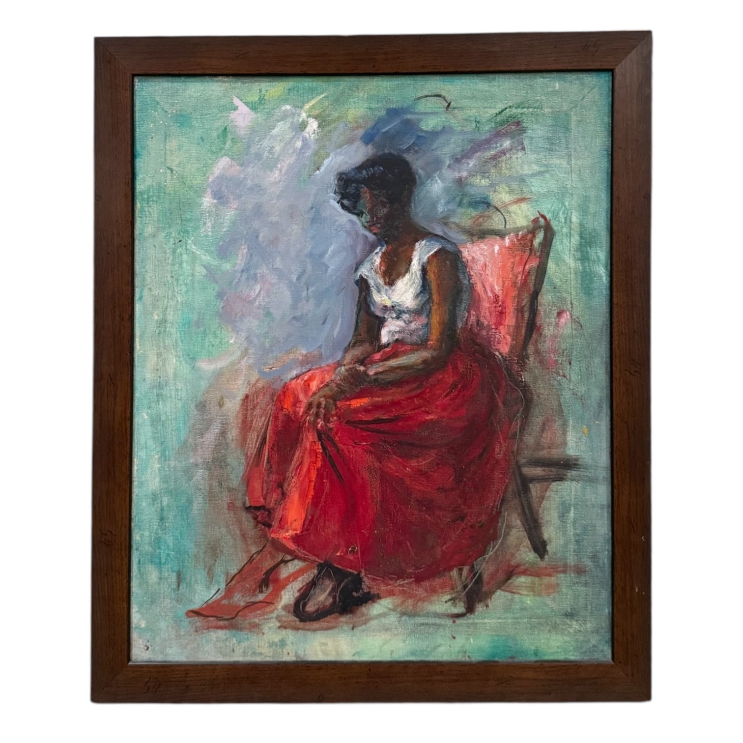 1950 Portrait of Seated Woman in Red in Original Frame