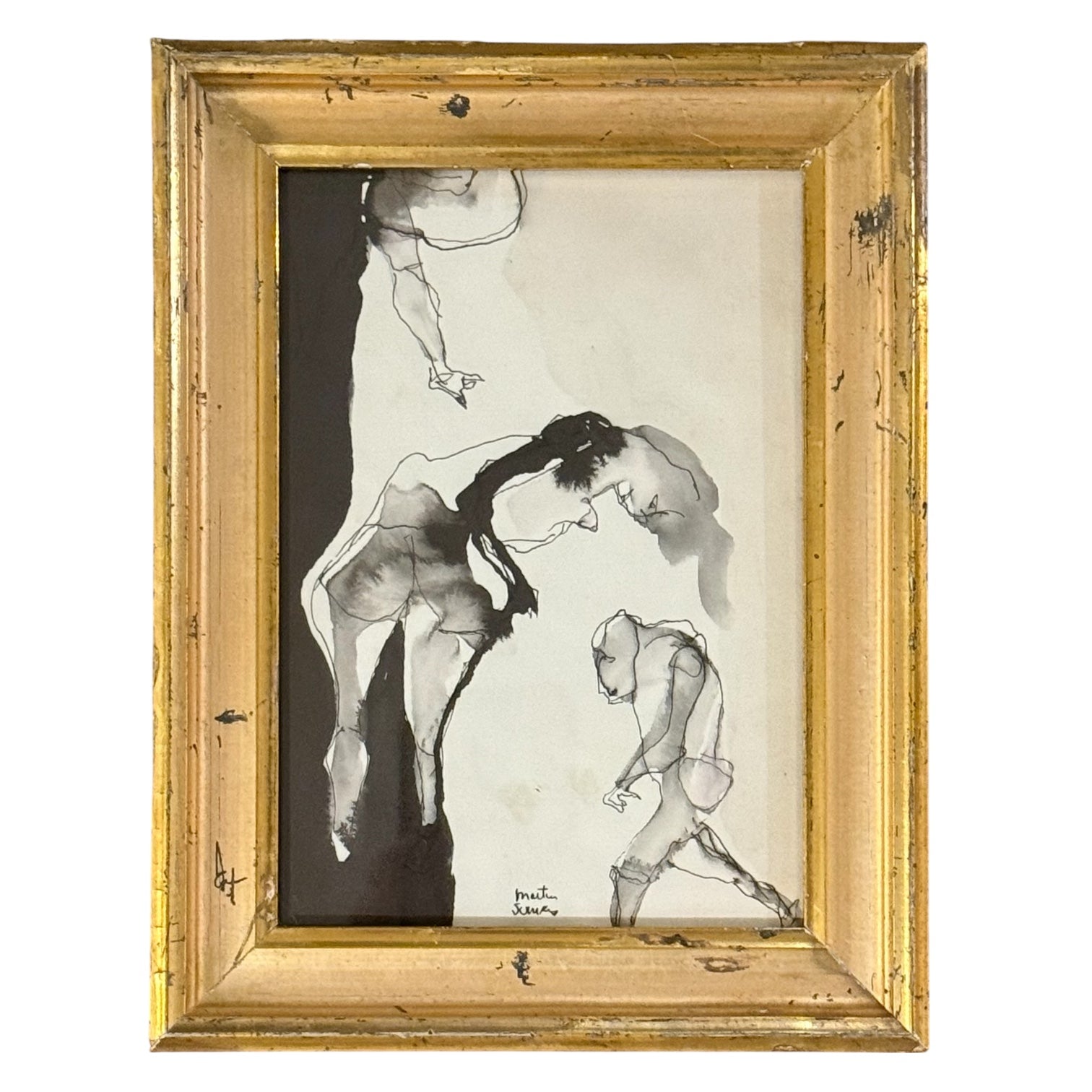 Figurative Ink Wash Painting in 19th Century Gilt Frame