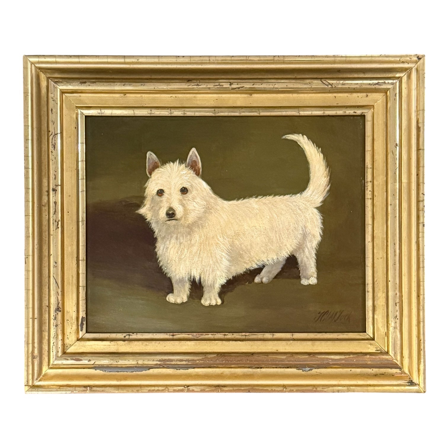 Meticulously Painted Portrait of Terrier in 19th Century Gilt Frame