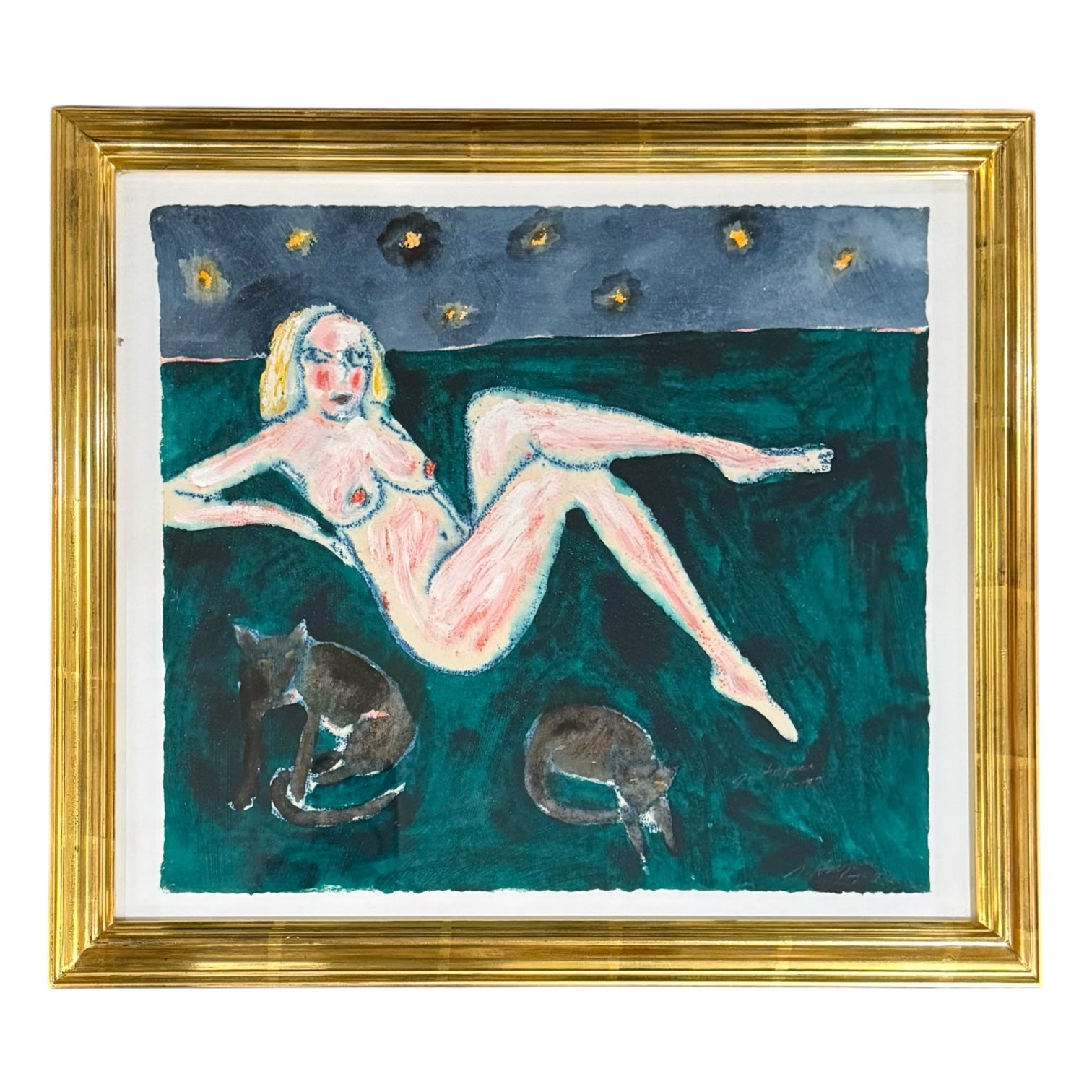 1997 Naturescape with Reclining Figure with Cats  in 19th Century GIlt Frame