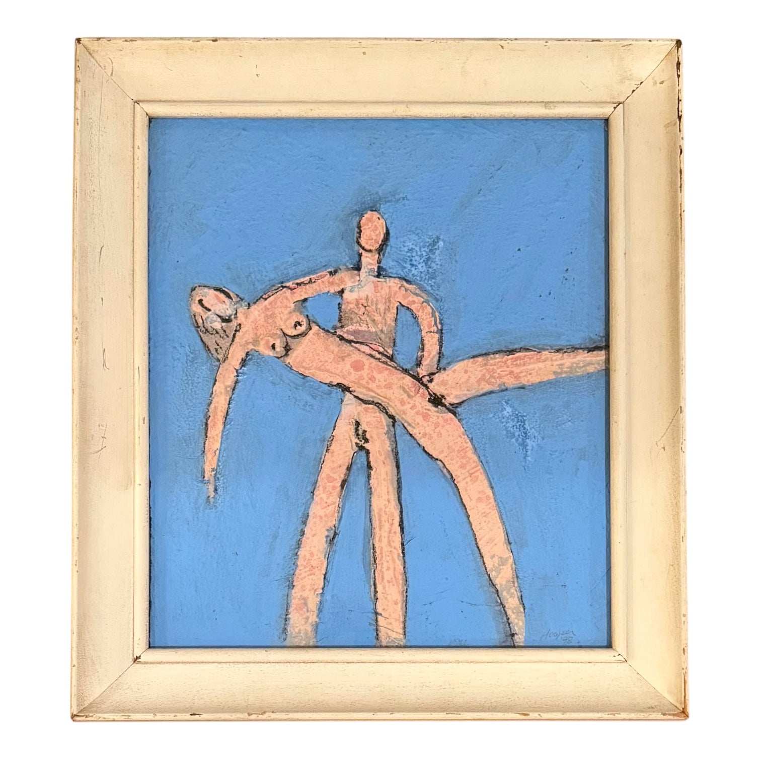 1998 Figurative Painting with Impasto in Vintage Painted Wood Frame