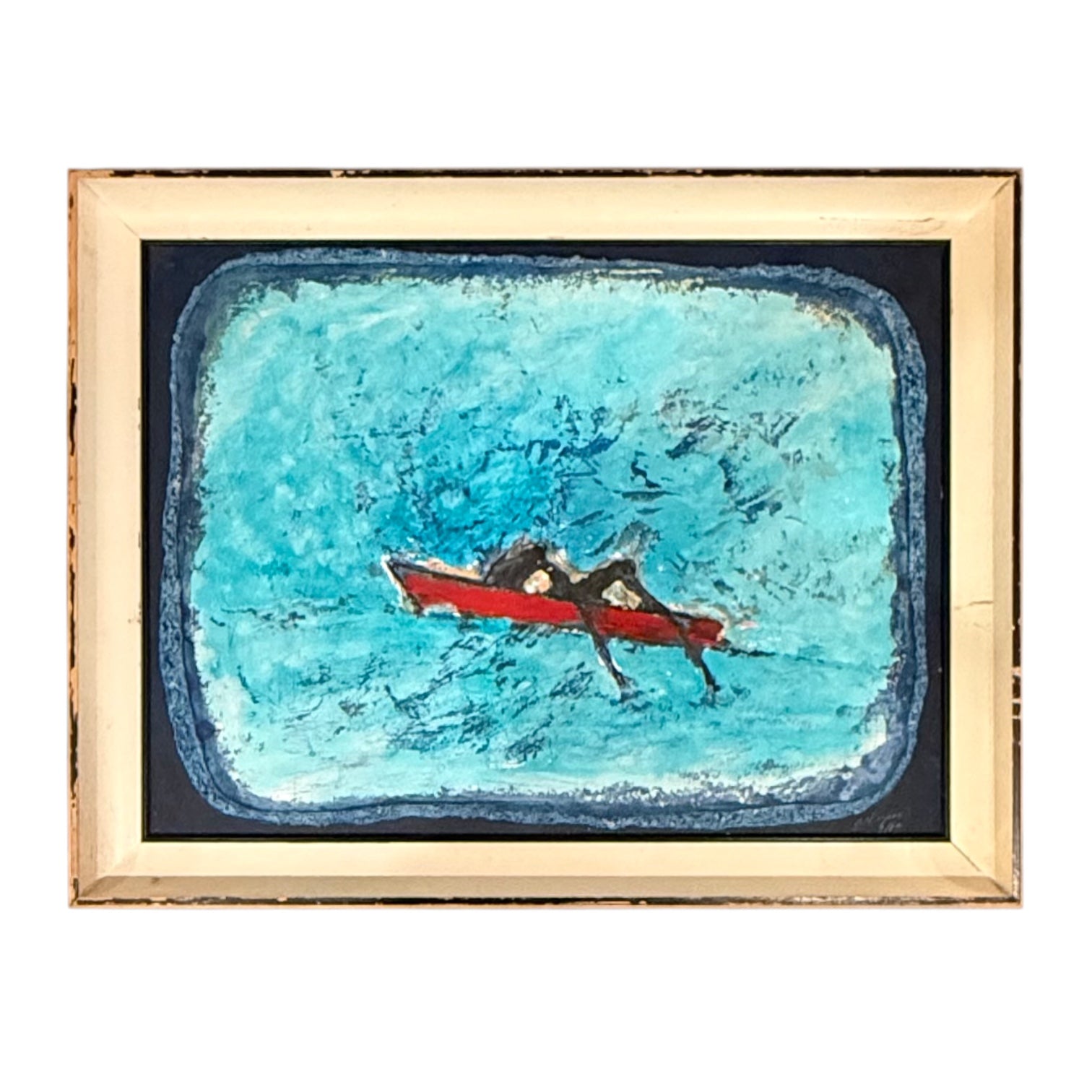 1989 Vibrant Seascape with Canoeists  in Vintage Frame