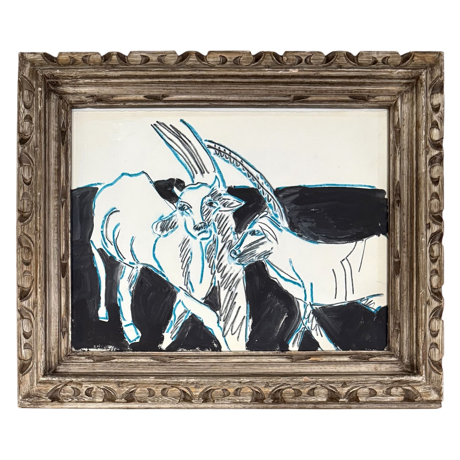 Minimalist Drawing of Two Goats in Antique Hand-Carved Wood Frame