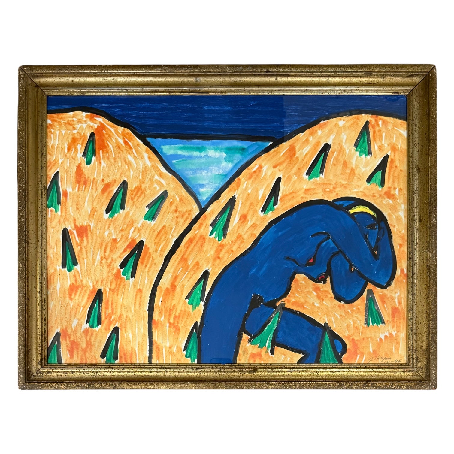 1996 Painting of Figure in Landscape in 19th Century Gilt Frame