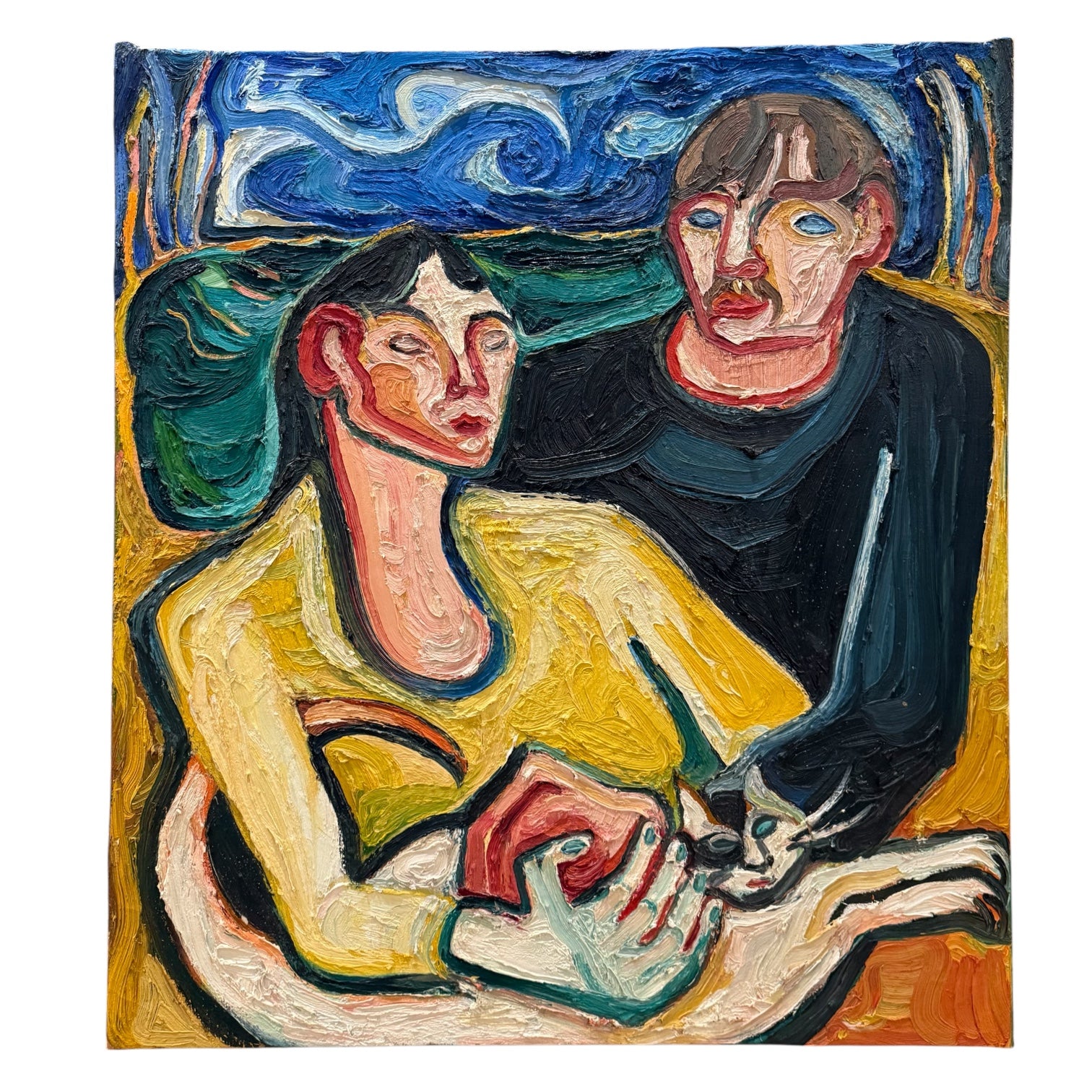 1982 Colorful Abstract of Couple with Cat with Heavy Impasto