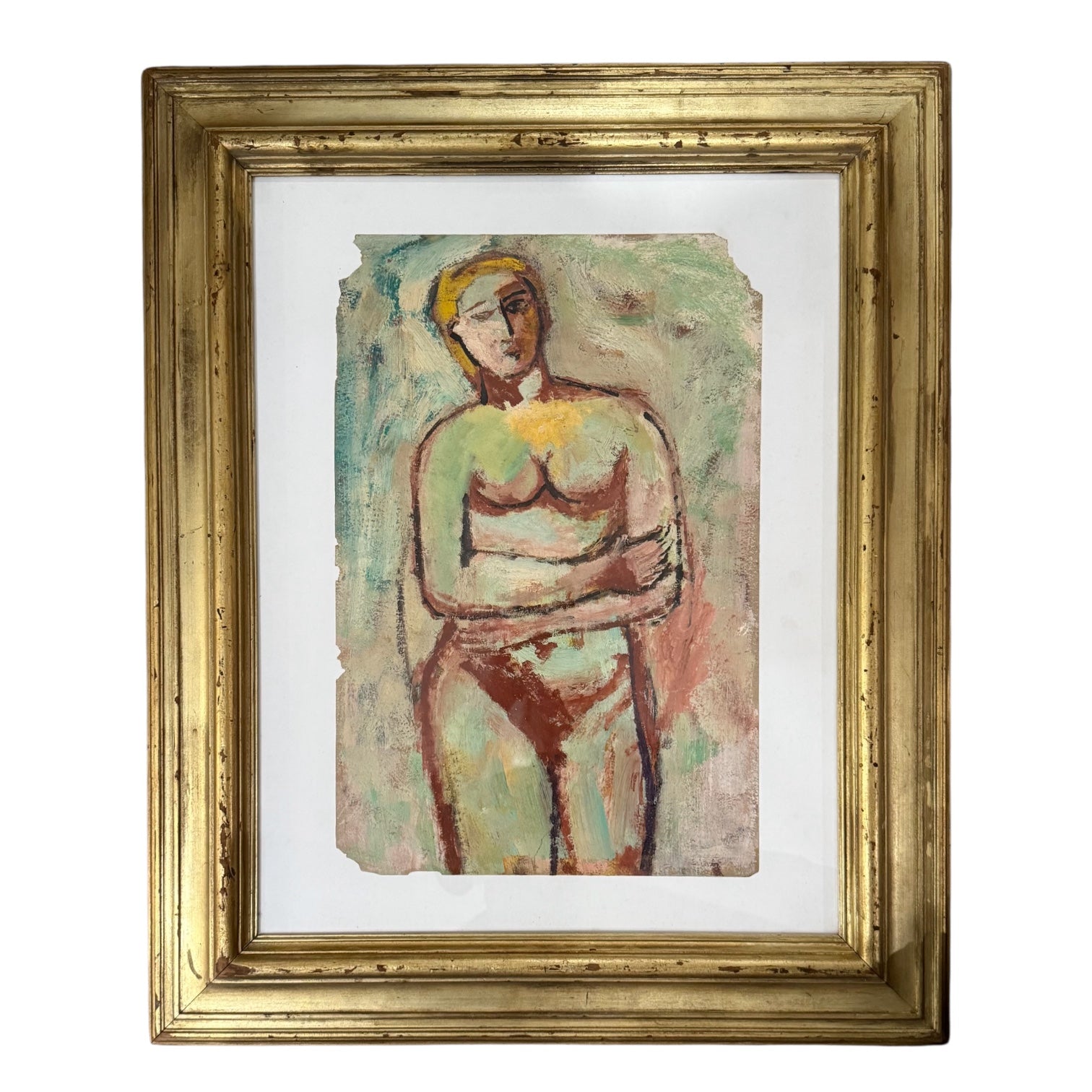 Figurative Oil Painting in Greens and Rush in 19th Century Gilt Frame