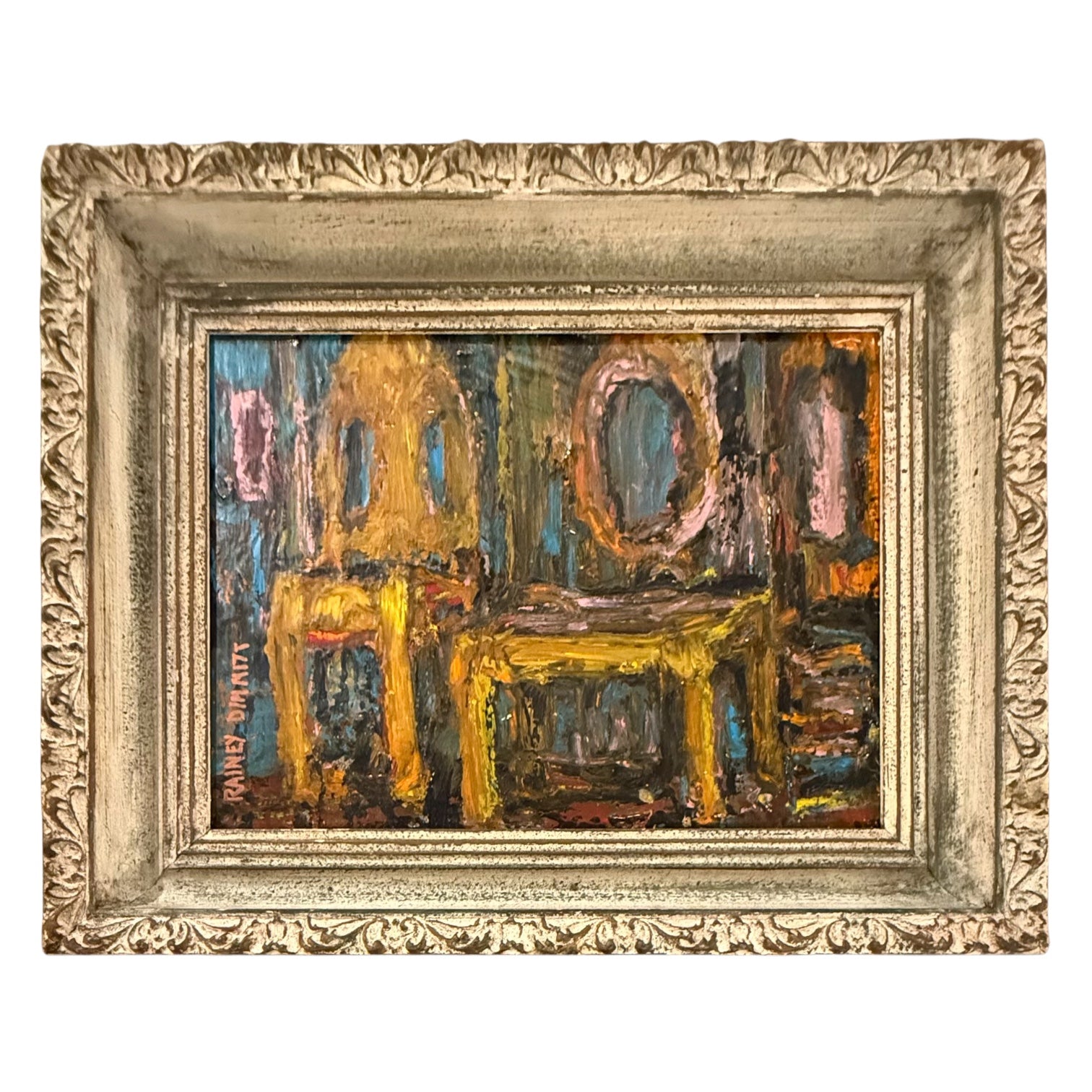 Oil Painting of Interior in Heavy Impasto in 19th Century Gilt Frame