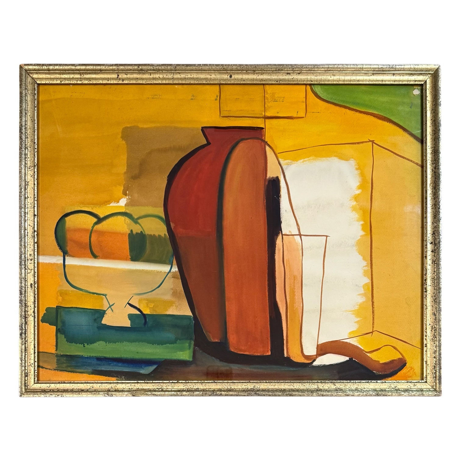 Minimalist Still Life in Vibrant Yellows Terracotta and Green  in 19th Century Gilt Frame