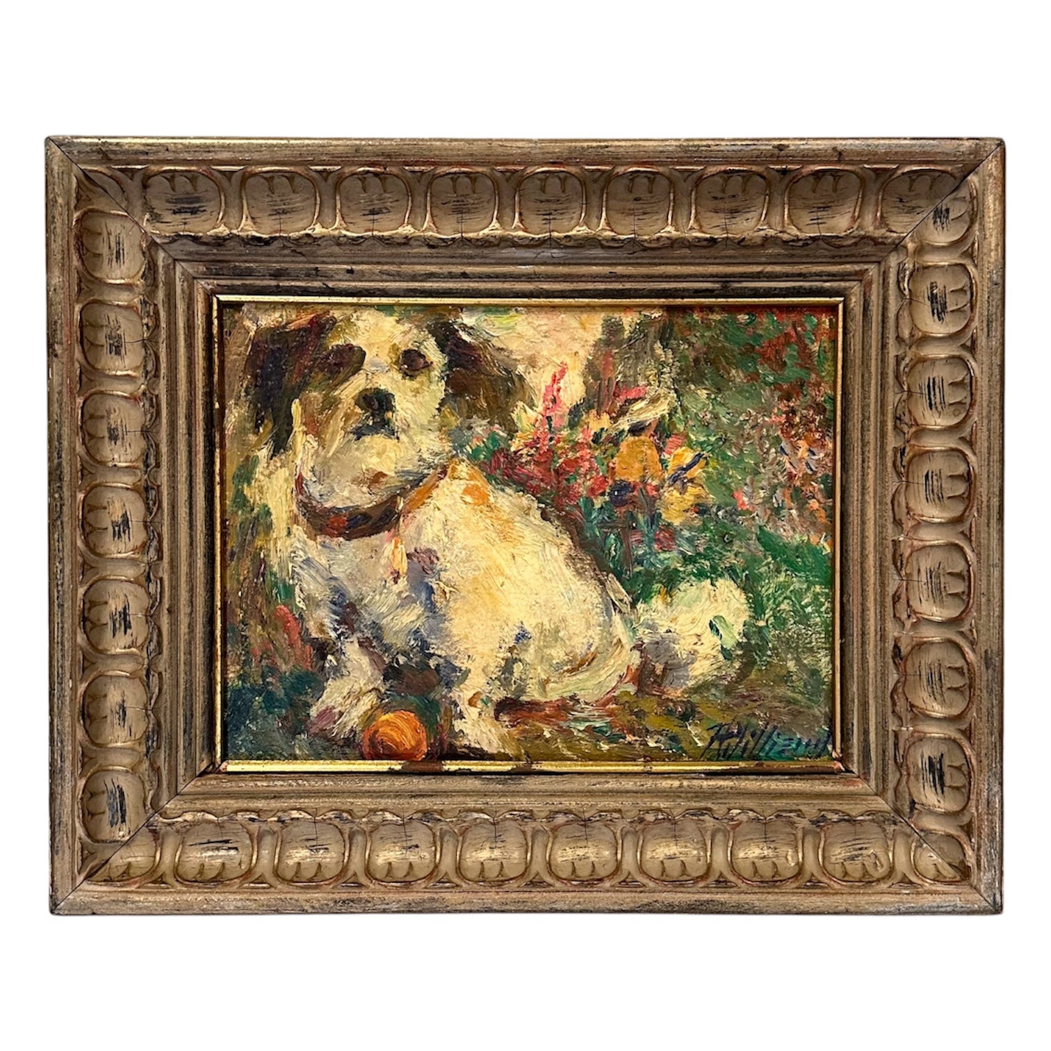 Portrait of Small Dog in Garden in Heavy Impasto in Hand-Carved Antique Frame