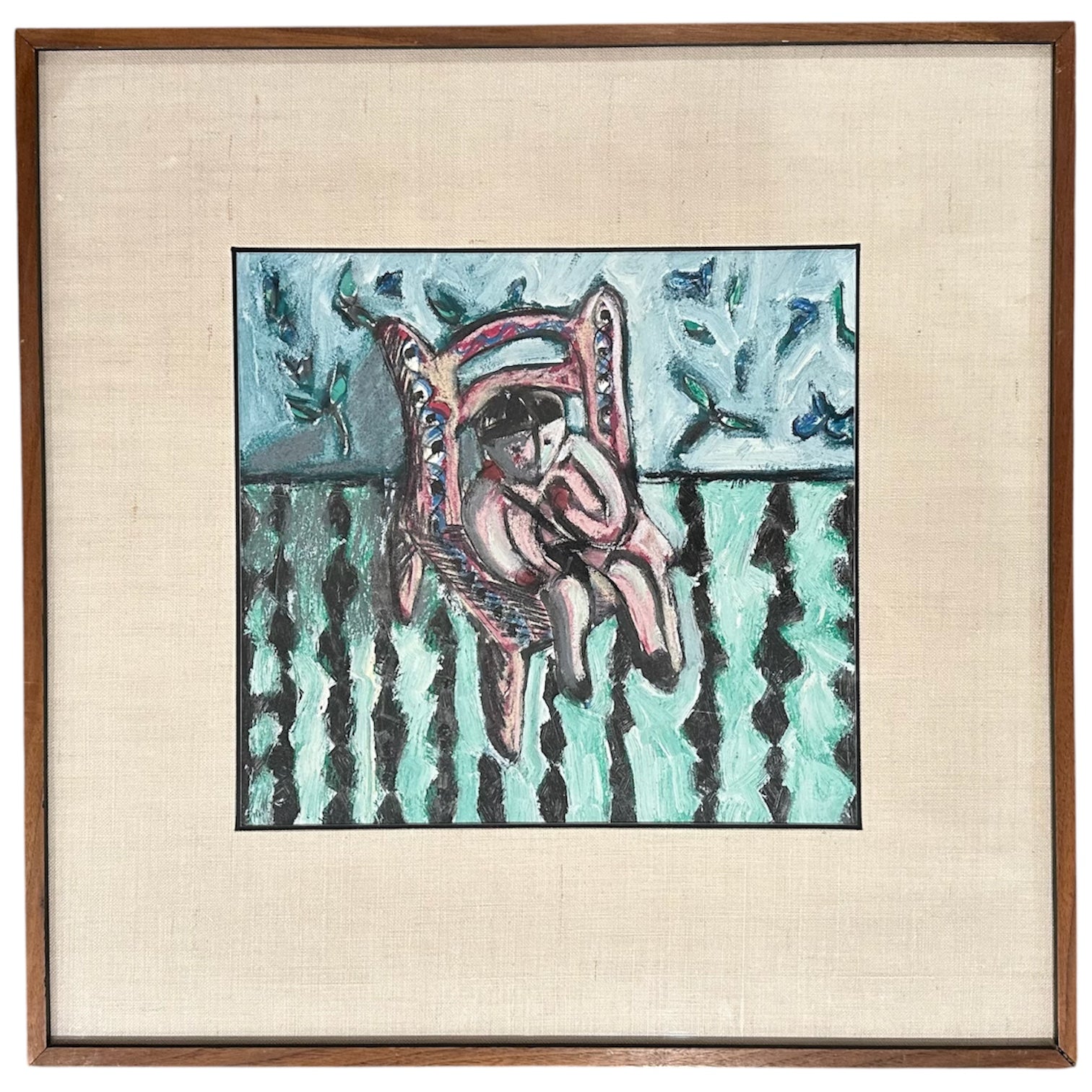 1985 Colorful Painting of Child in Interior in Original Frame