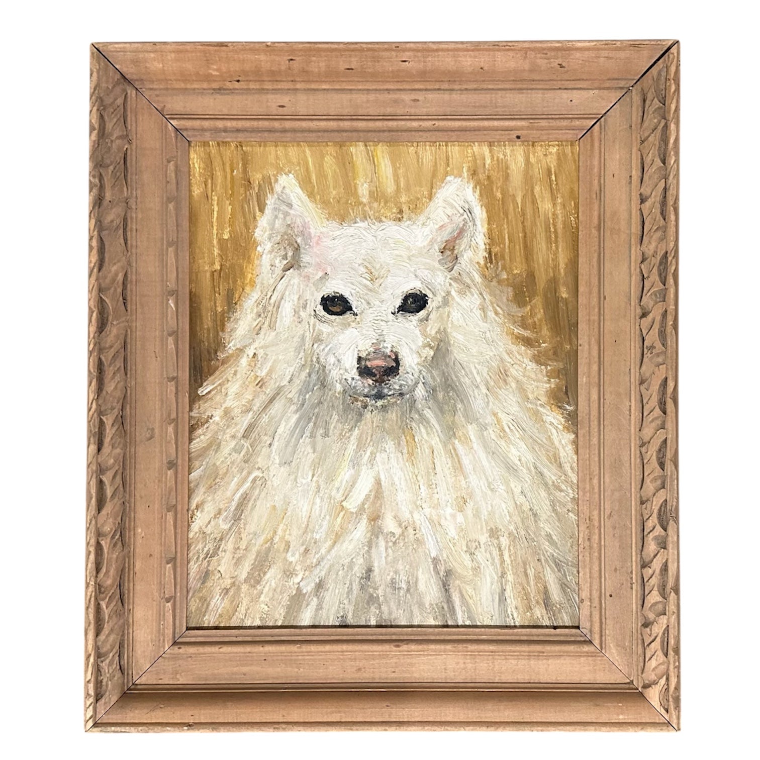 Portrait of Dignified White Canine in Vintage Wood Frame