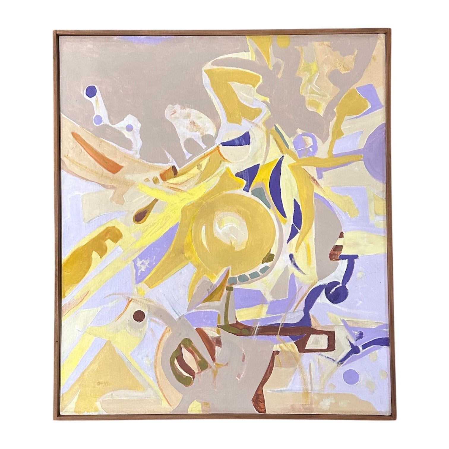 Energetic Abstract in Lilacs and Yellow in Original Lathe Frame