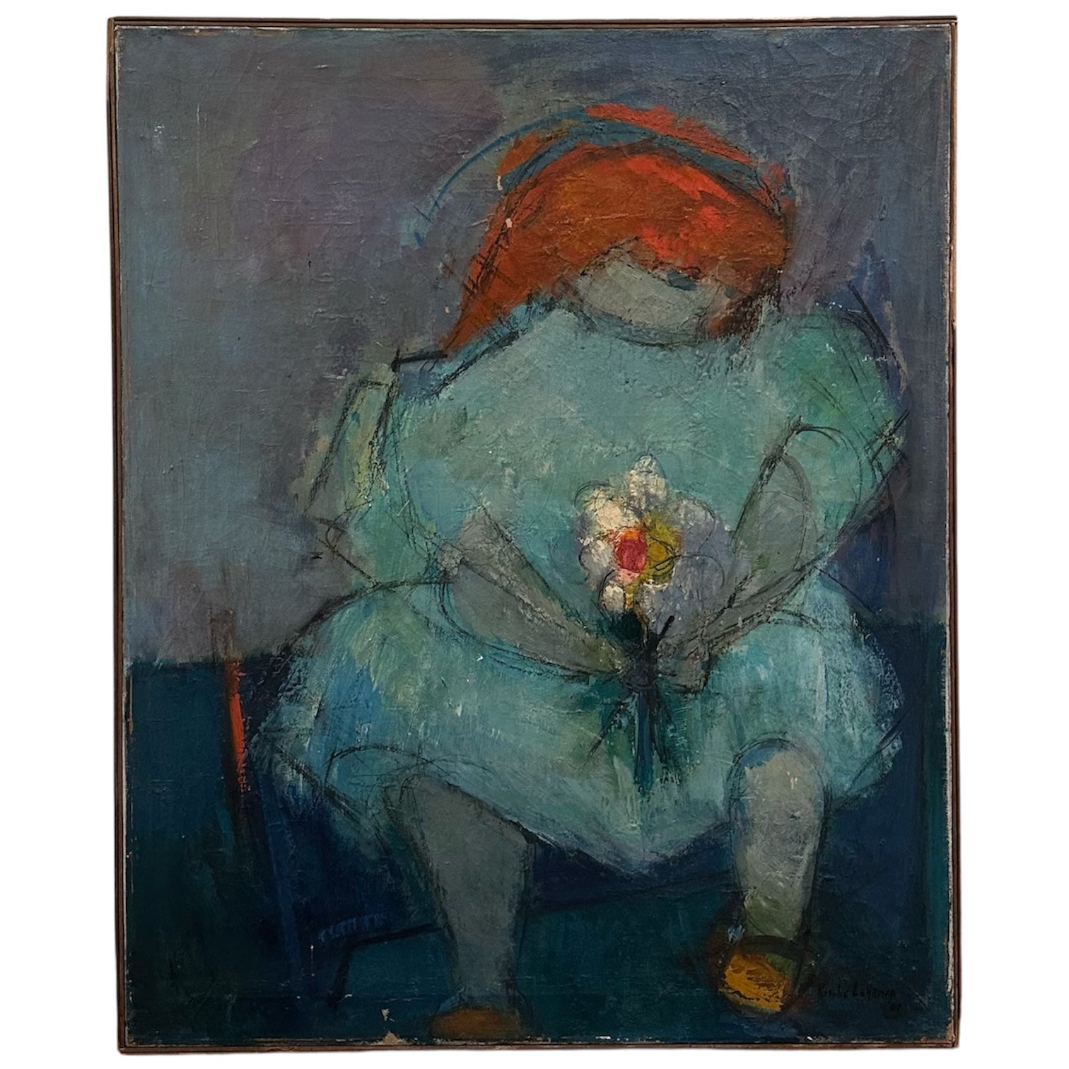 Figurative Painting of Woman Holding Flowers