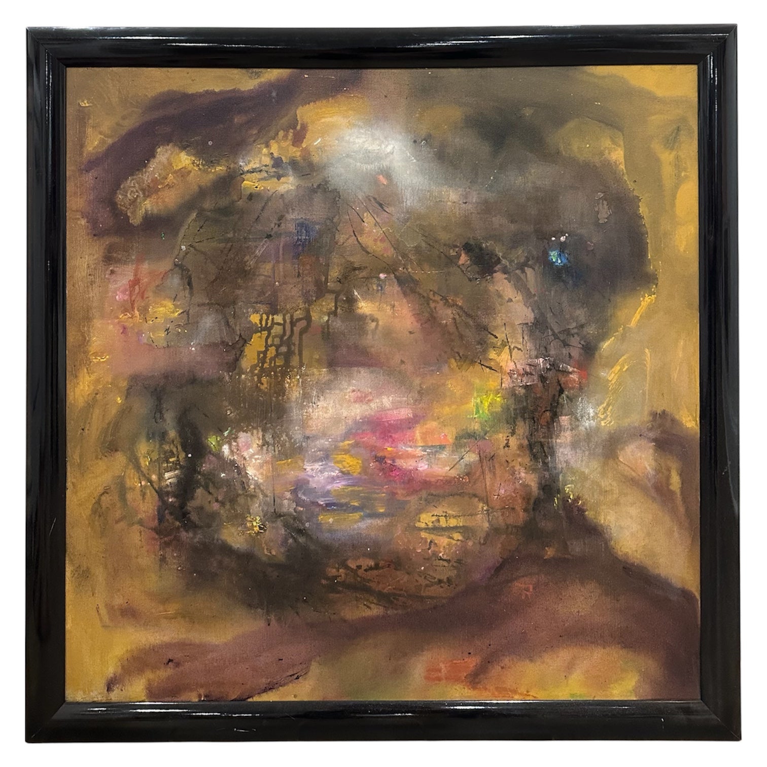 1977 Abstract Expressionist Painting in Deep Saturated Hues in Original Frame