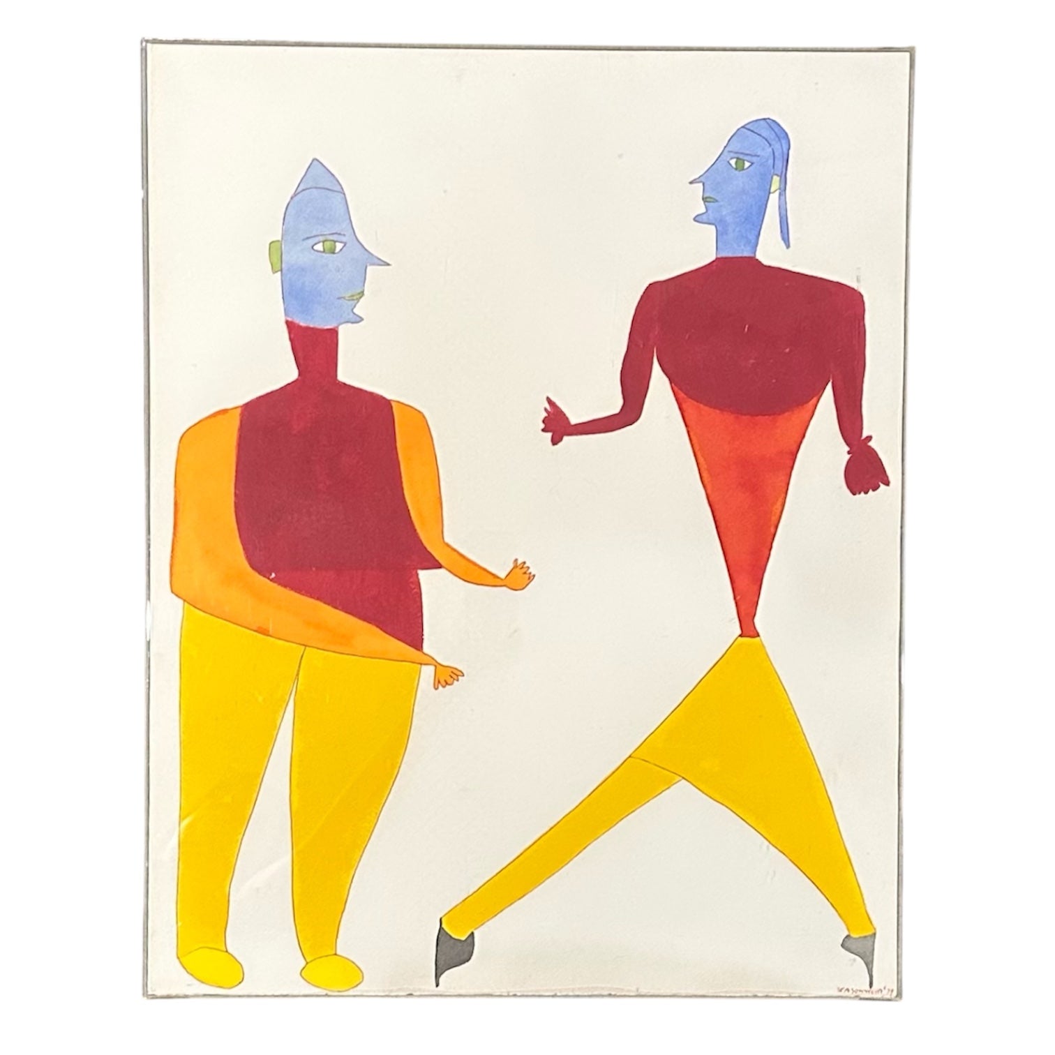 Minimalist Naive Abstract of Two Figures in Original Lucite Frame