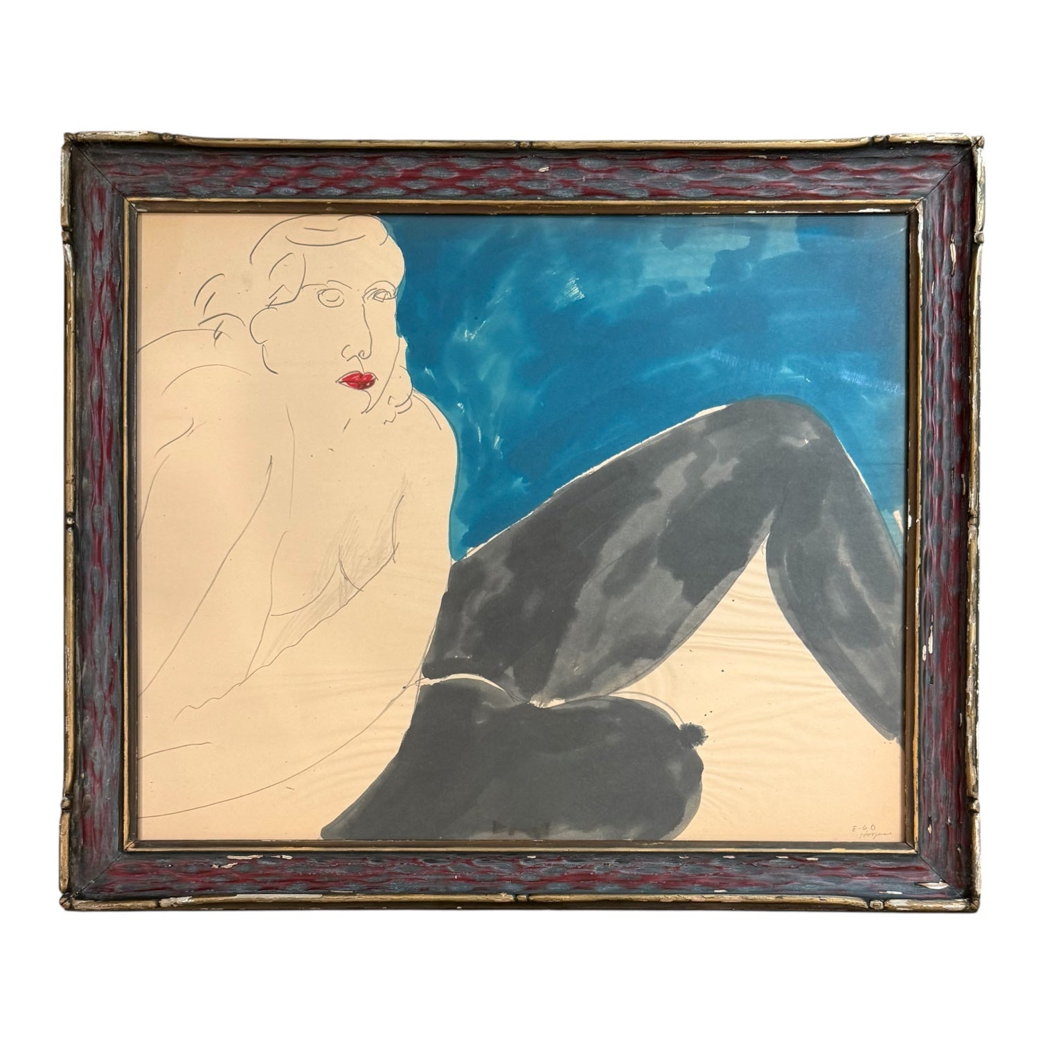 1960 Painting of Figure with Red Lips in Vintage Wood Frame