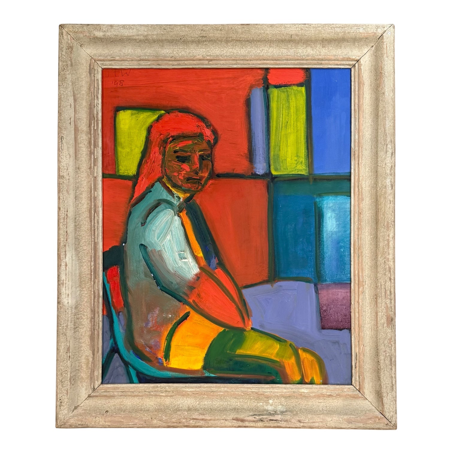 Brilliantly Colorful Painting of Seated Figure in Interior In Vintage Bleached Wood Frame