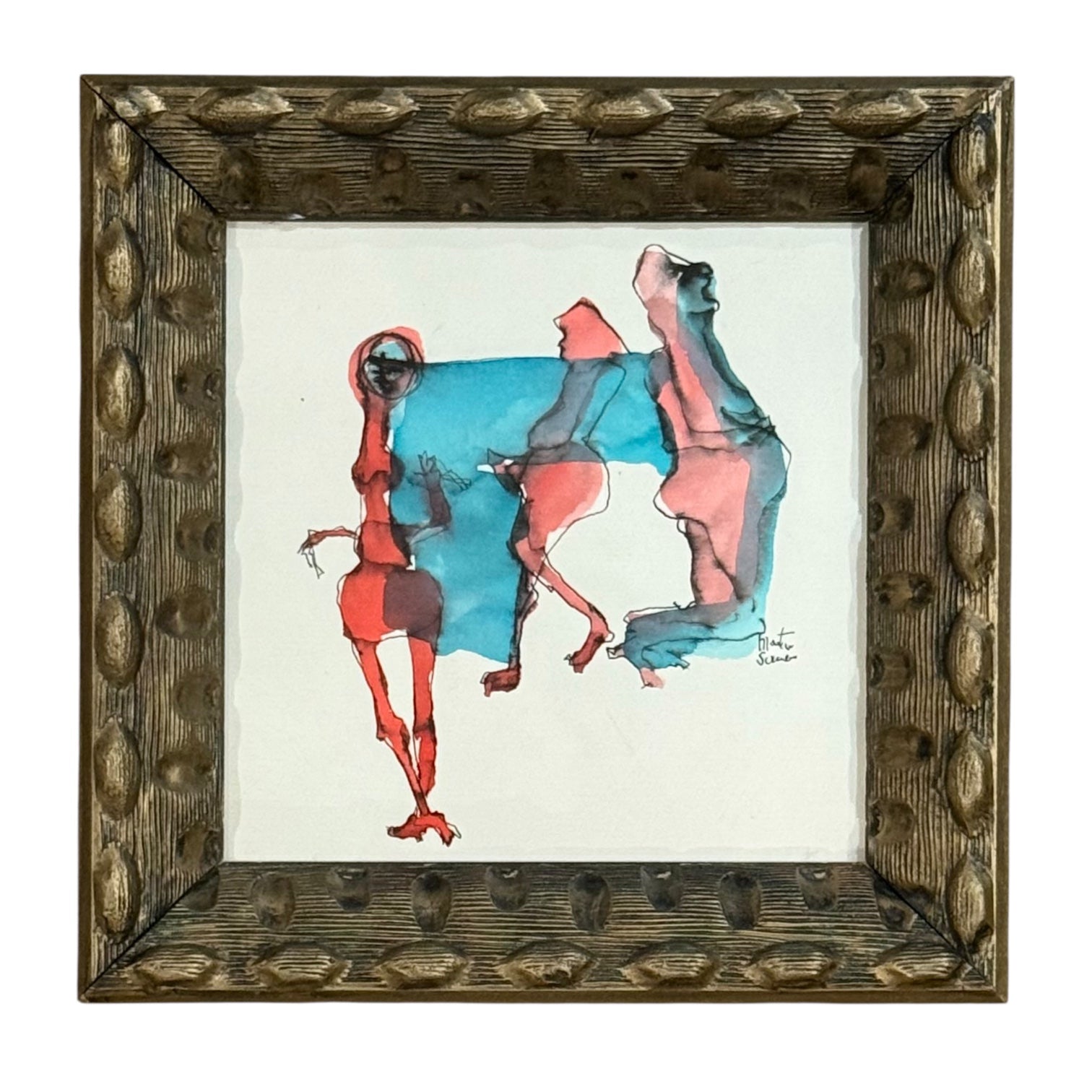 Watercolor and Ink Painting of Three Figures in Golden-Toned Carved Wood Antique Frame