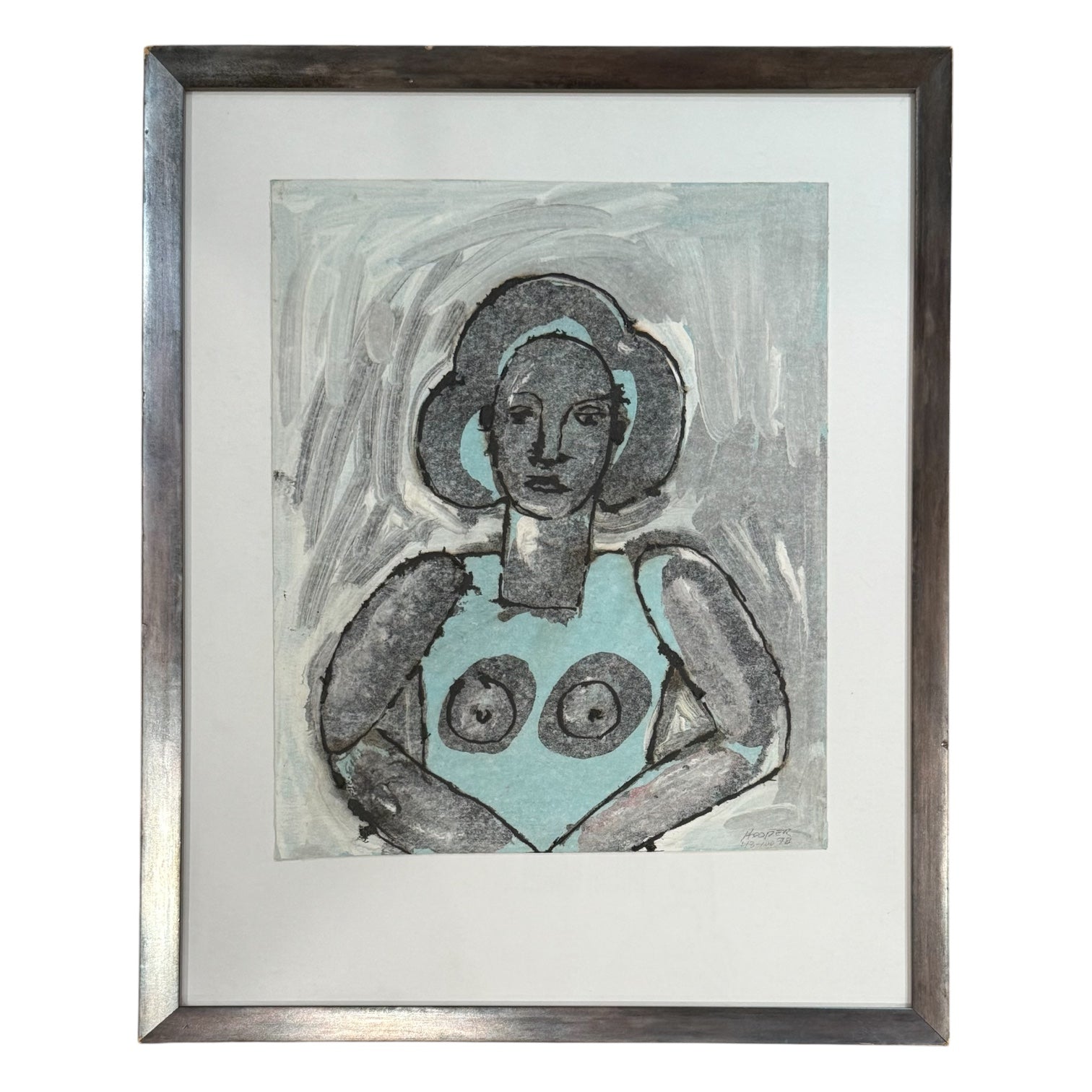 1978 Mixed Media Figurative Painting in Vintage Silvertone Frame