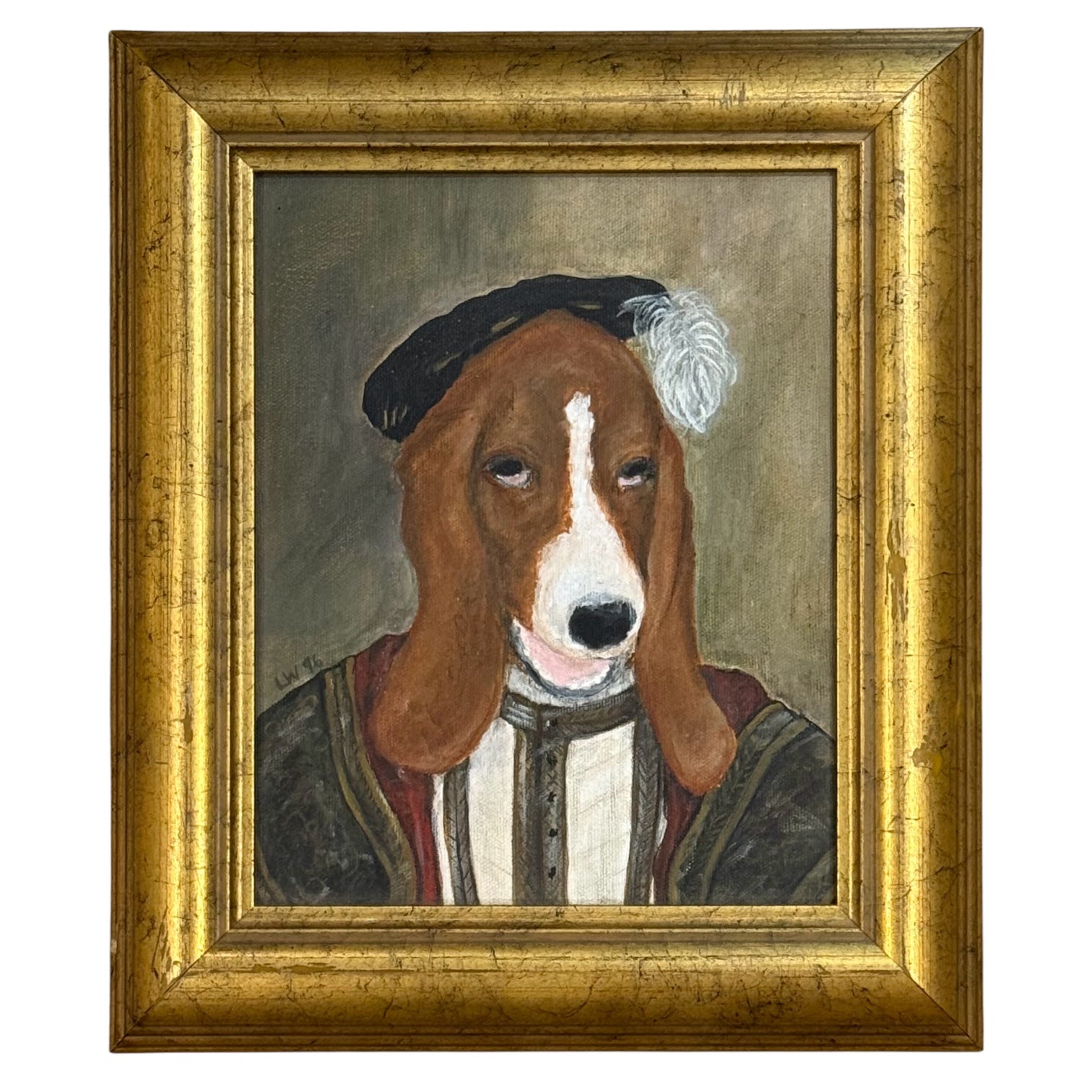 1996 Painting of Dapper Dog in Vintage Gold-Tone Frame