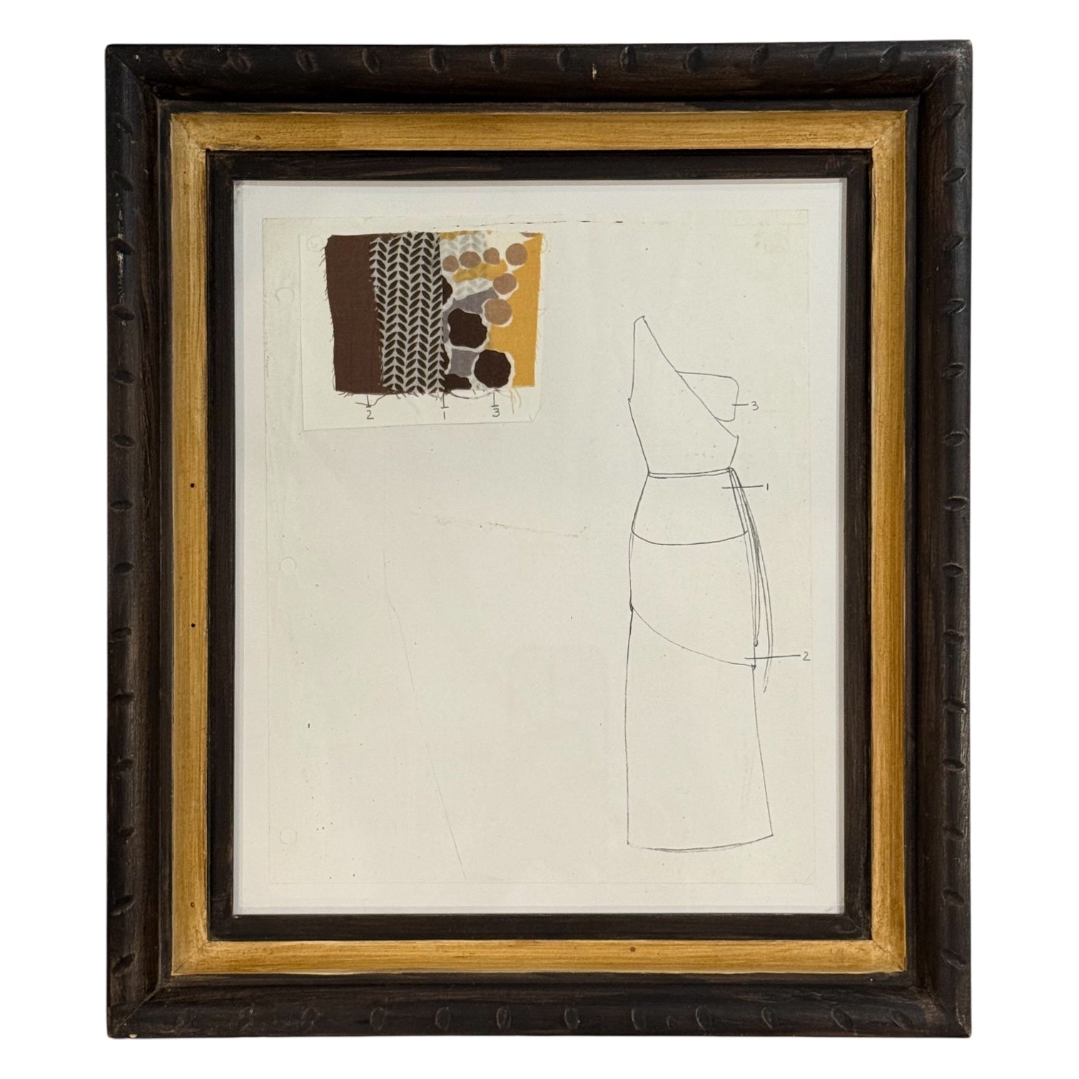 Early 21st Century Fashion Rendering in Vintage Wood Frame