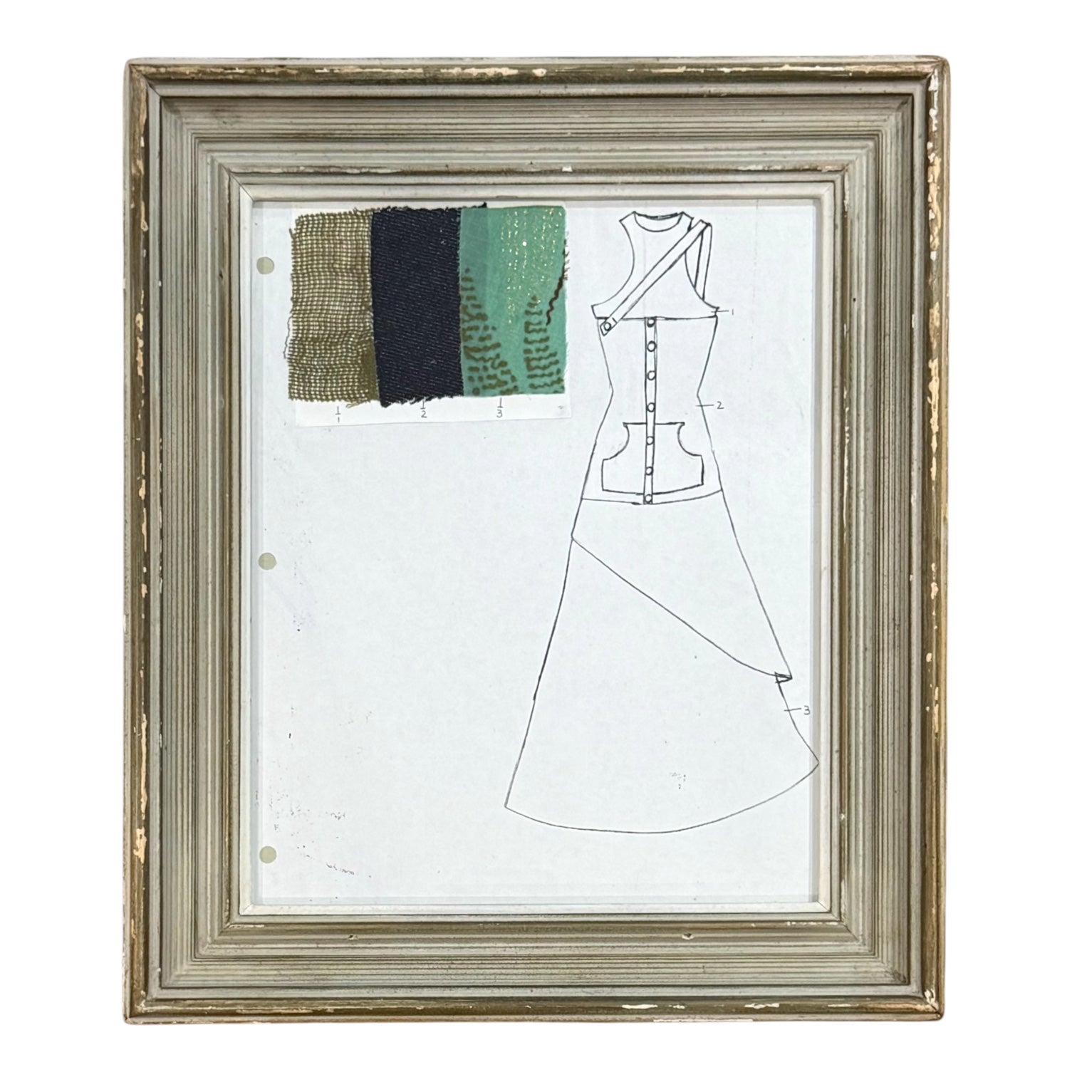Early 21st Century Fashion Rendering with Fabric Swatches in Vintage Wood Frame