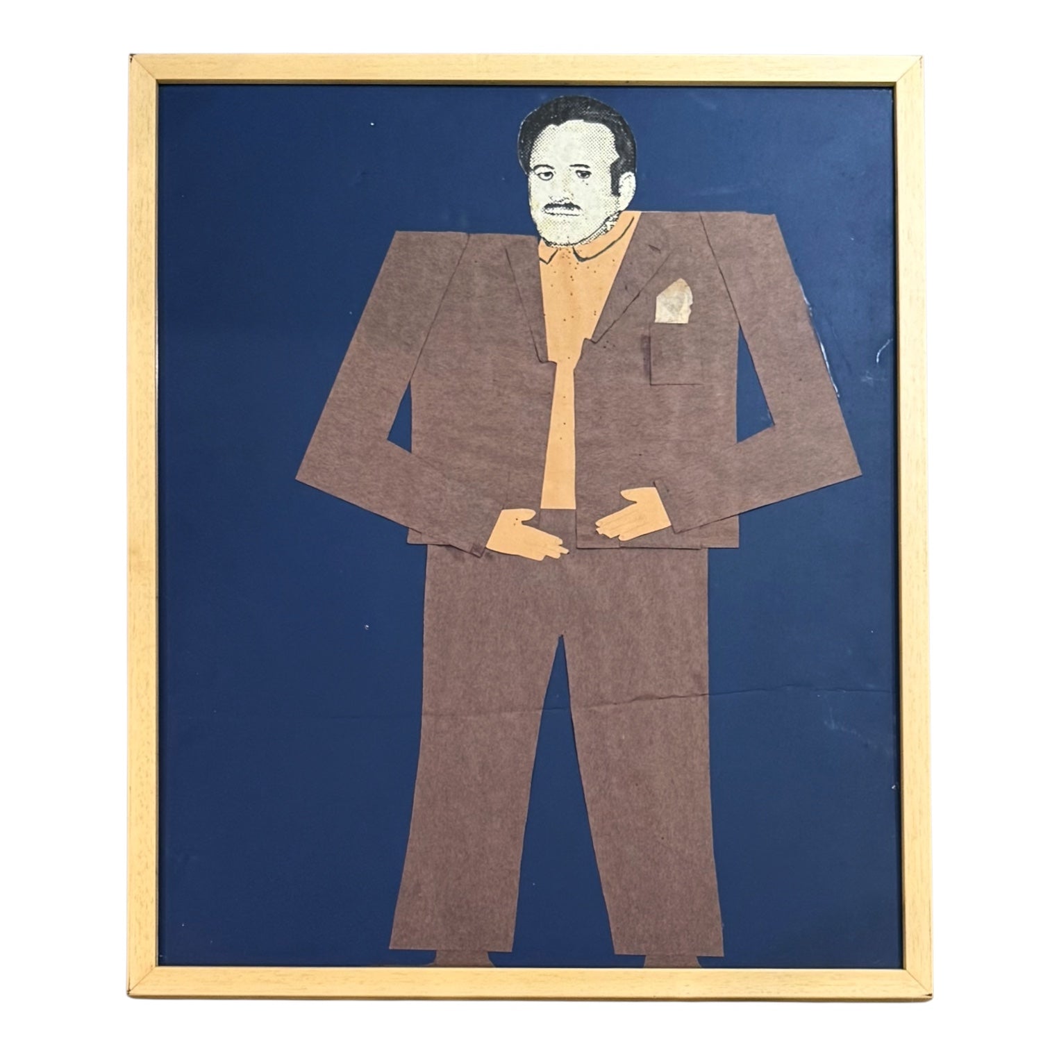 Mixed Media Figurative Artwork of Dapper Man in Original Gallery-Style Wood Frame