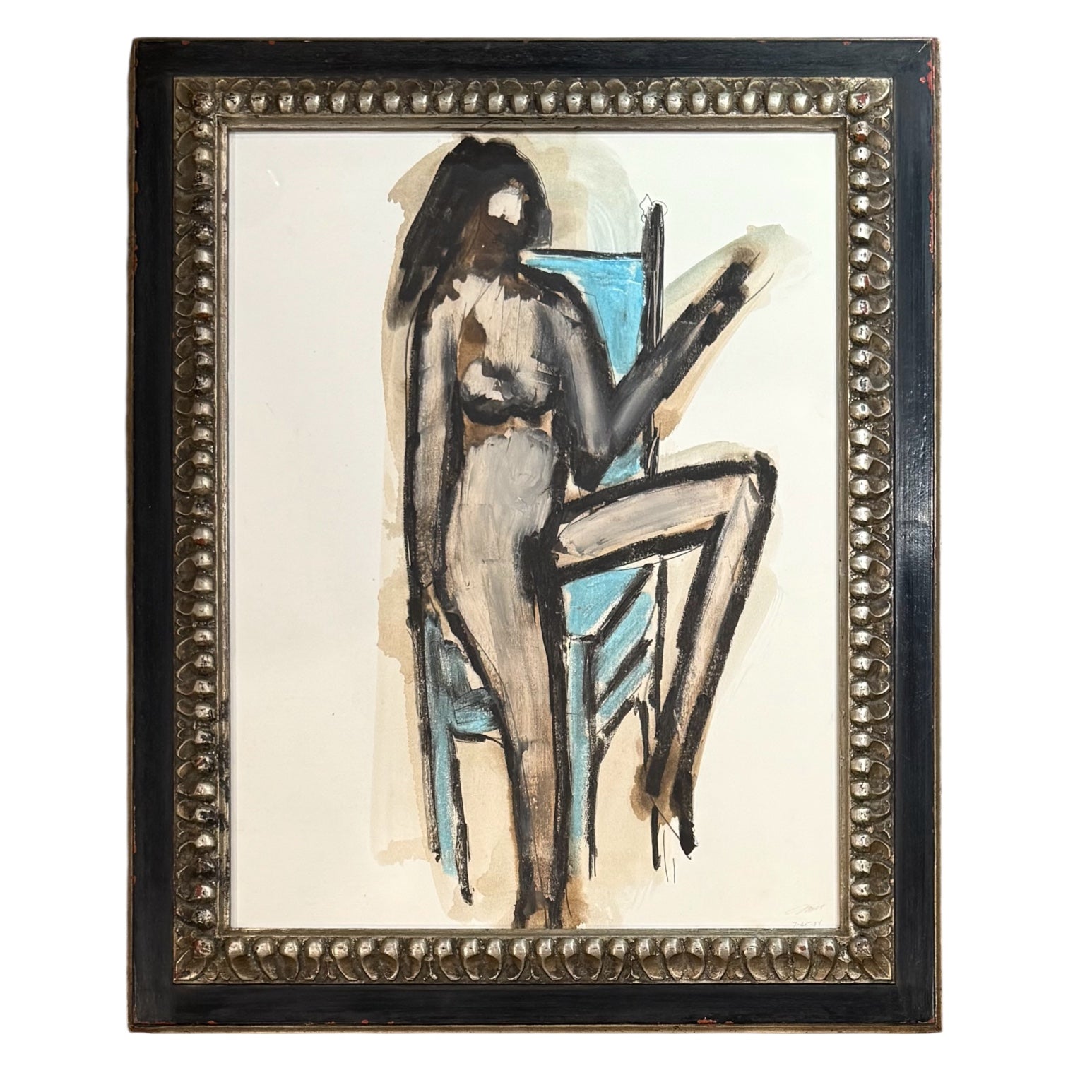1994 Gestural Figurative Painting of Seated Woman in Black and Gunmetal Vintage Frame