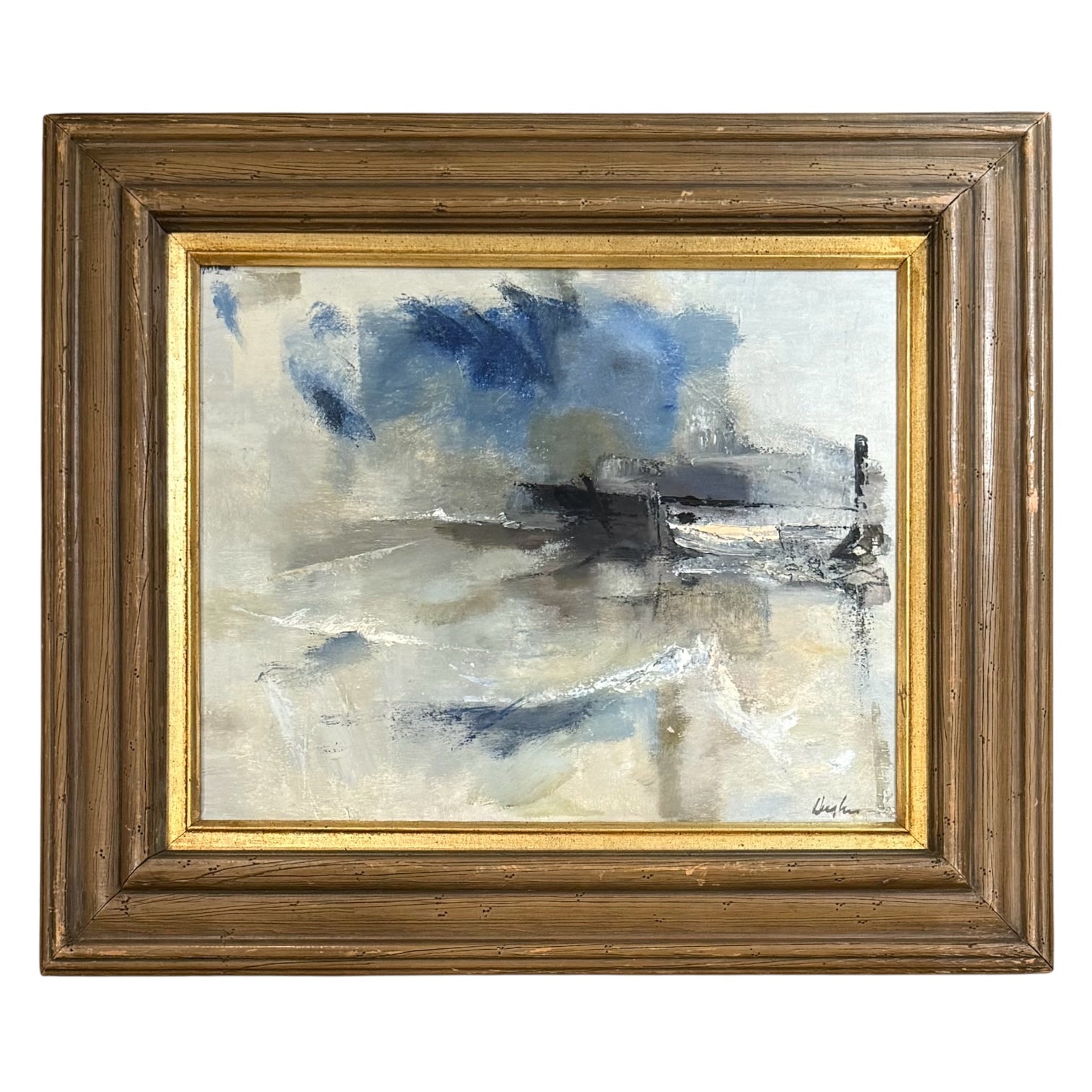 Abstract Gestural Oil on Canvas in Vintage Wood Frame