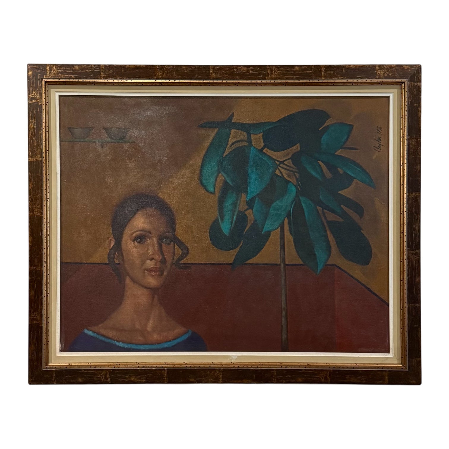 Vintage  Oil Painting with Figure in Interior